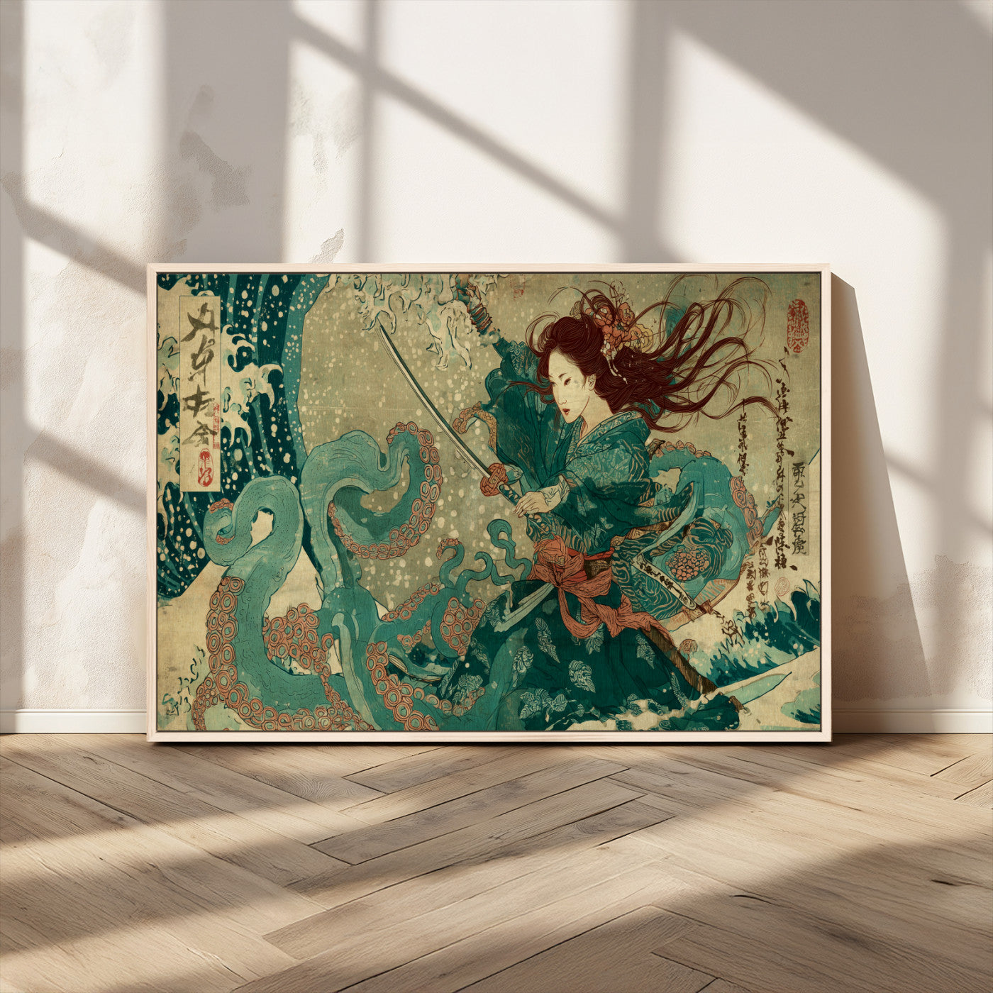 86918027-MGV-CV-36X24-Samurai Warrior vs Octopus Wall Art – Japanese Ukiyo-e Ocean Battle Canvas Print, Traditional Samurai Artwork for Living Room,