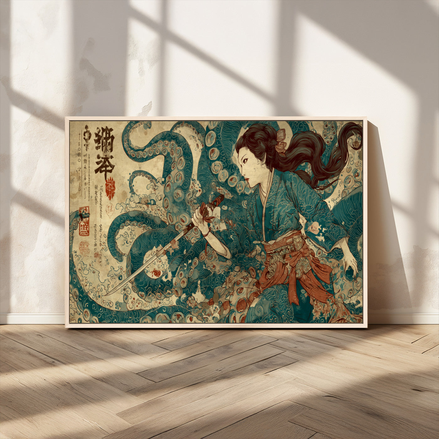 18575670-MGV-CV-36X24-Samurai Woman vs Octopus Wall Art – Japanese Ukiyo-e Ocean Battle Canvas Print, Traditional Warrior Artwork for Living Room,