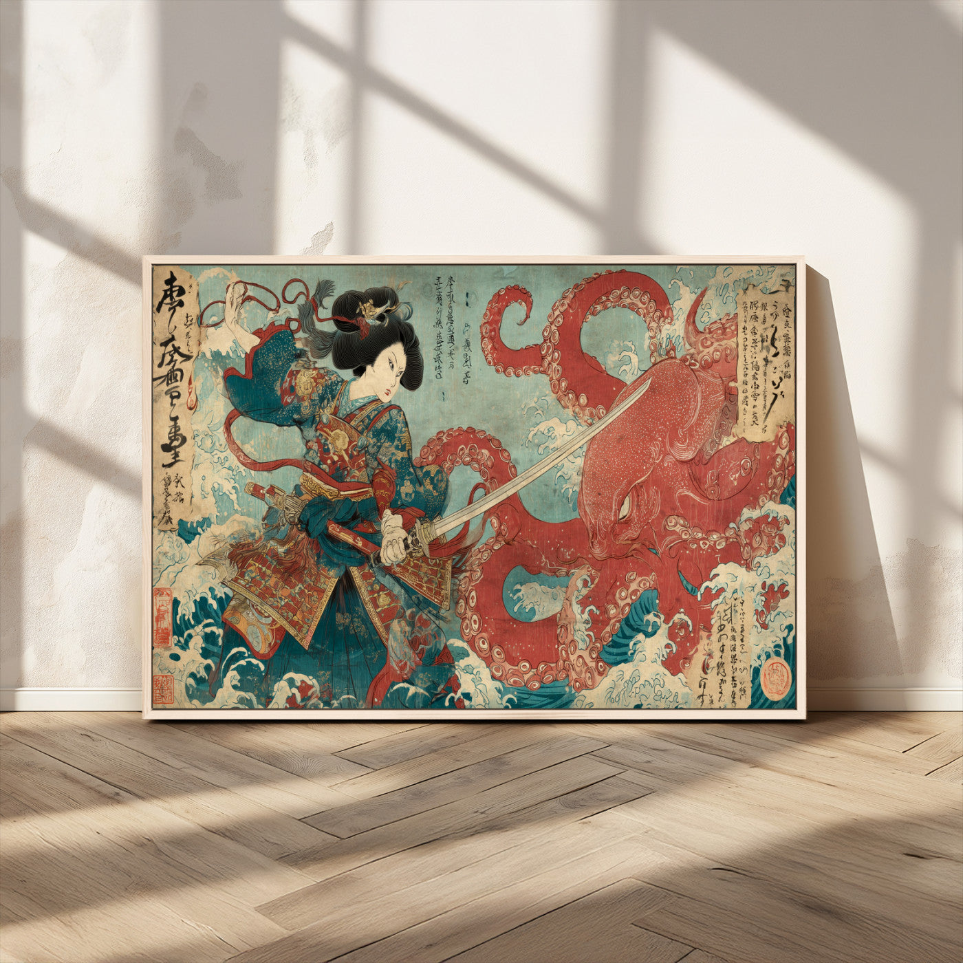 68844327-MGV-CV-36X24-Tsukioka Yoshitoshi Samurai Wall Art Print, Japanese Katana Warrior Canvas Wall Art, Octopus Sea Monster Canvas Print,