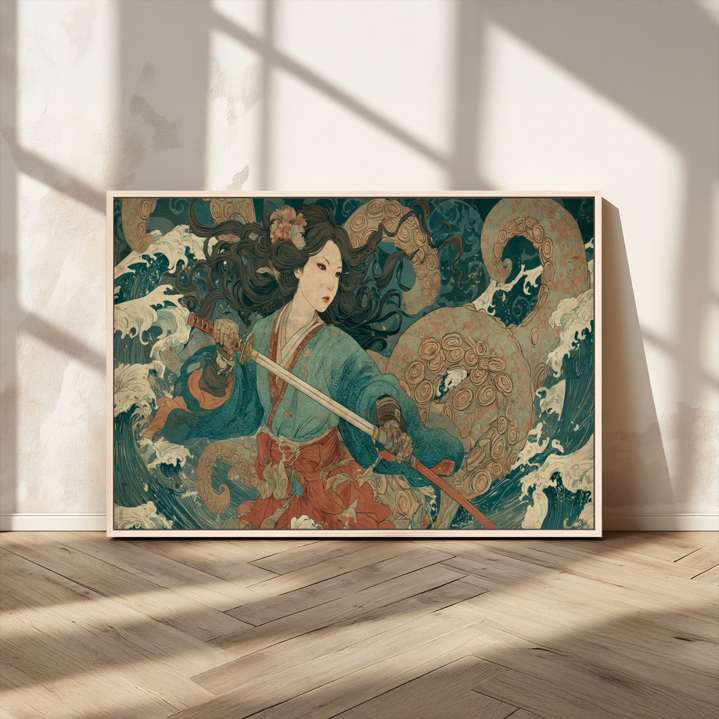 79740258-MGV-CV-36X24-Samurai Woman vs Octopus Wall Art – Japanese Ukiyo-e Blue Kimono Canvas Print, Ocean Battle Artwork for Living Room, Office, Man