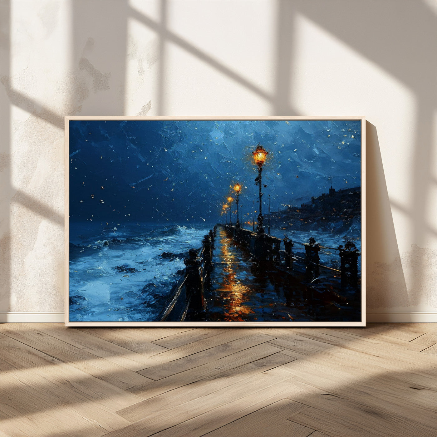 48300530-MGV-CV-36X24-Night Pier Wall Art – Moody Ocean Boardwalk Canvas Print, Impressionist Coastal Seascape Painting Decor for Living Room, Office,