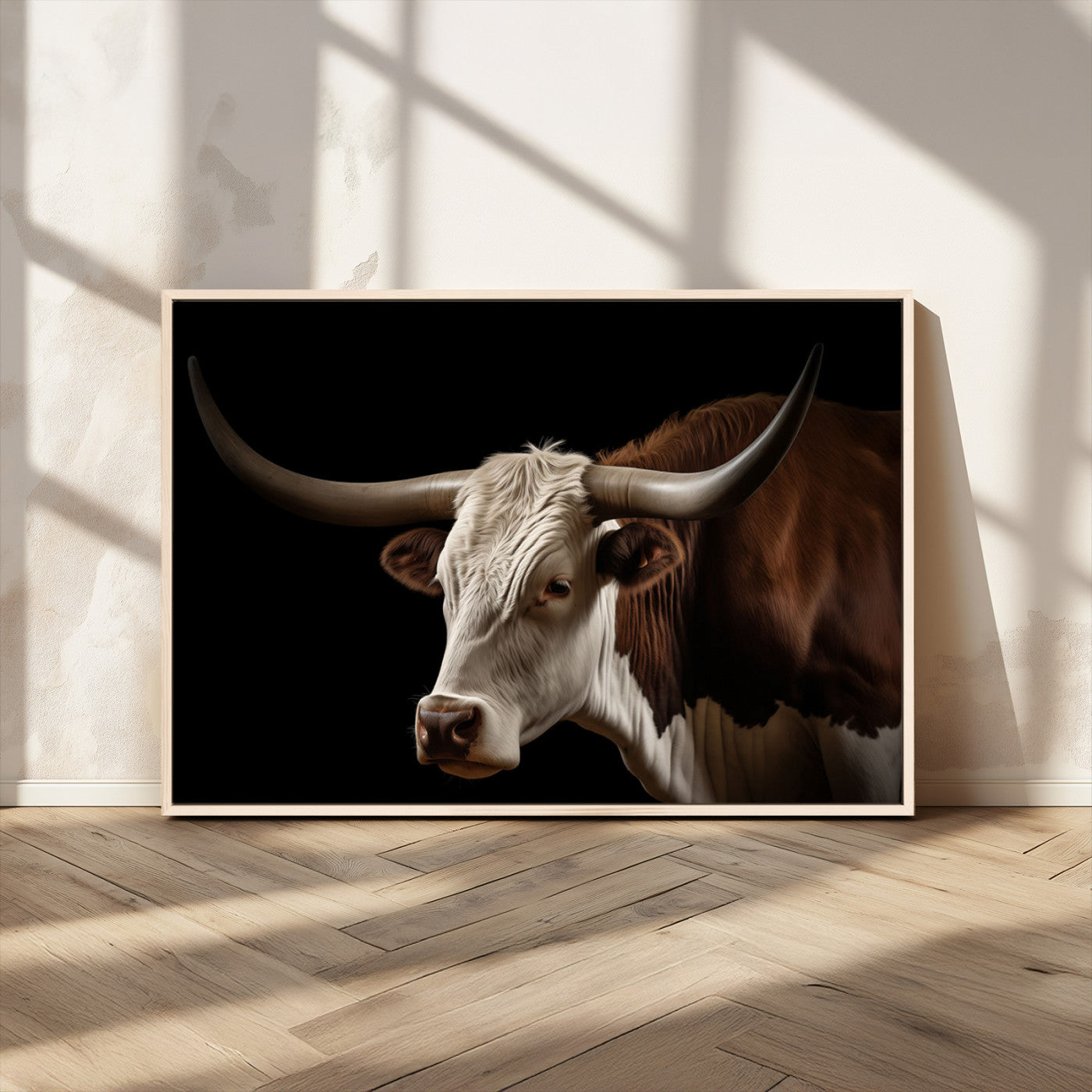 27414857-MGV-CV-36X24-Texas Longhorn Bull Canvas Wall Art – Rustic Western Farmhouse Decor, Brown & White Cow Portrait, Animal Print for Ranch Home
