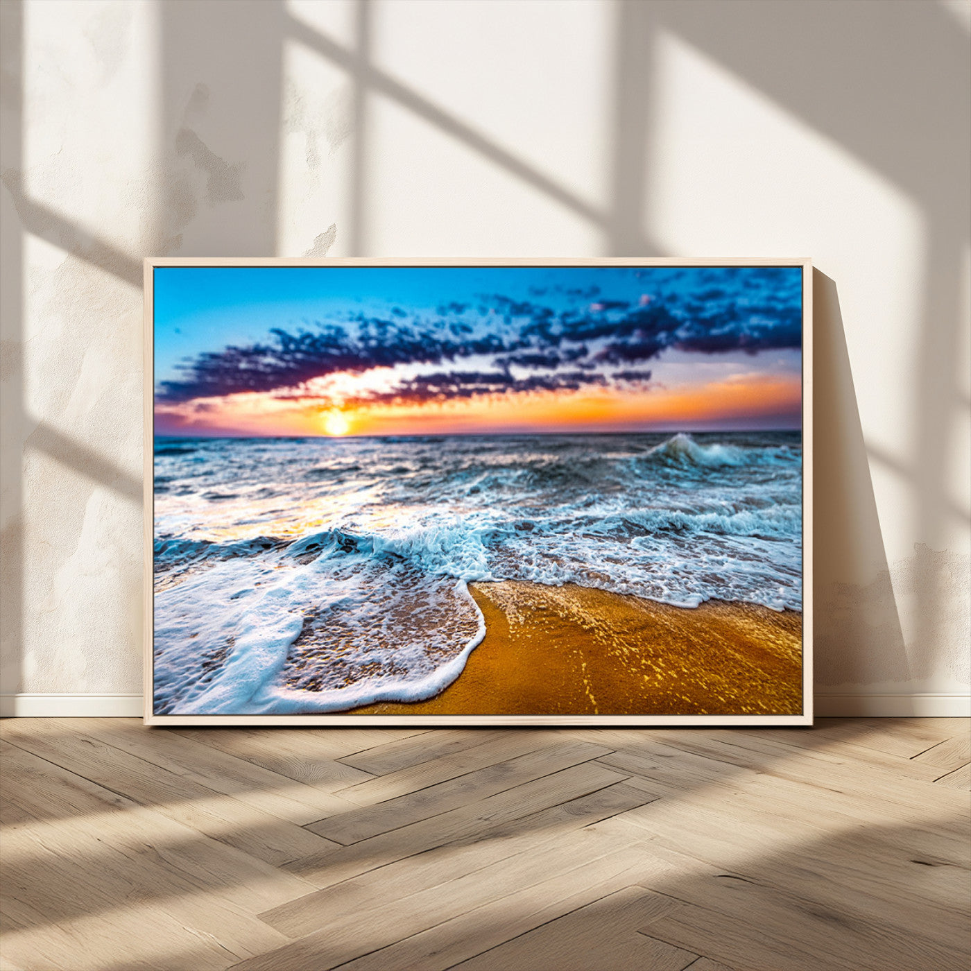 24077769-MGV-CV-36X24-Sunset Beach Wall Art – Ocean Waves Canvas Print, Golden Shoreline Photography Coastal Decor for Living Room, Bedroom, Office,