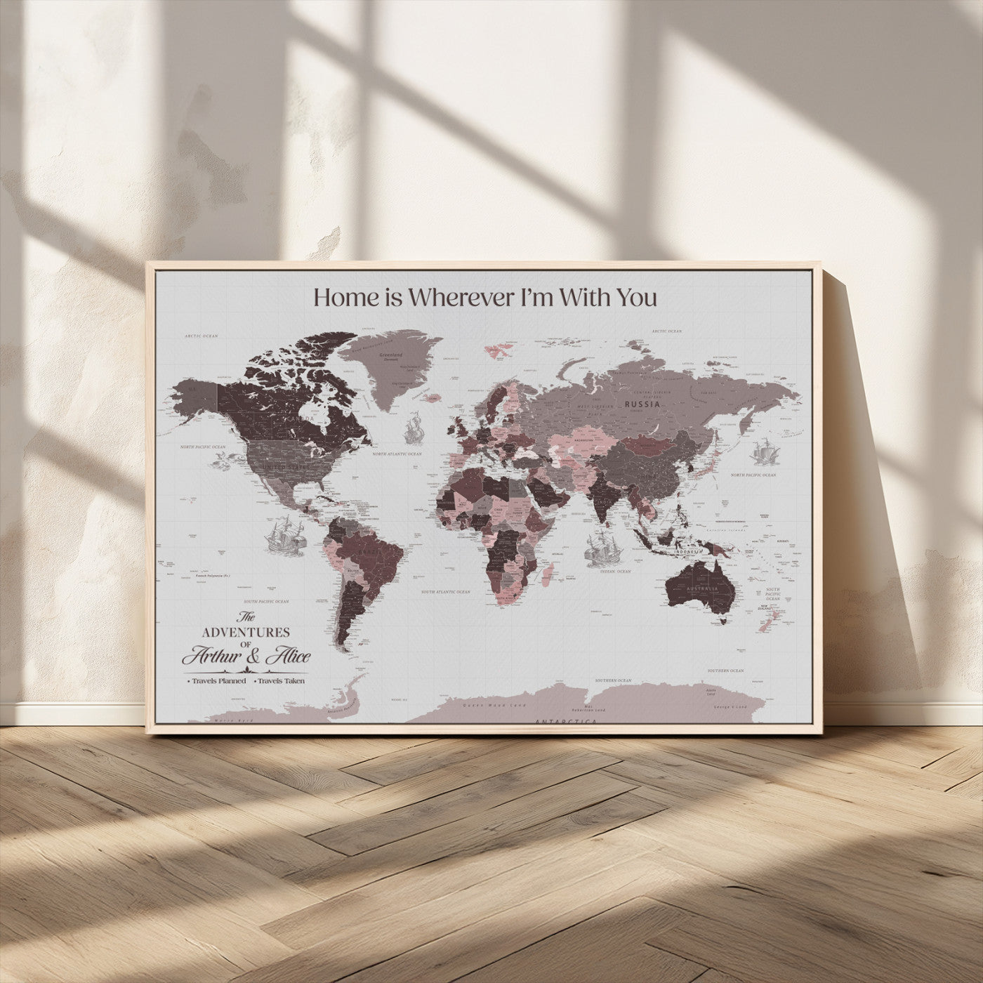 33204797-MGV-CV-36X24-Personalized World Map Wall Art – Burgundy & Grey Adventure Travel Map with Custom Names, Romantic Wall Decor for Couples, Home or