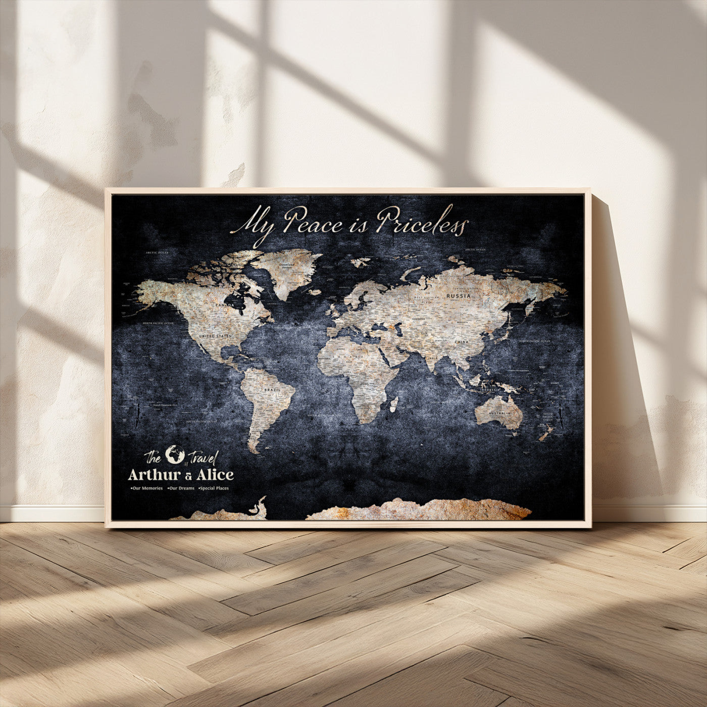 85403043-MGV-FC-36X24_Natural-Personalized World Map Wall Art – Dark Blue Rustic Adventure Map with Custom Couple Names, Vintage Wall Decor for Home or Travel