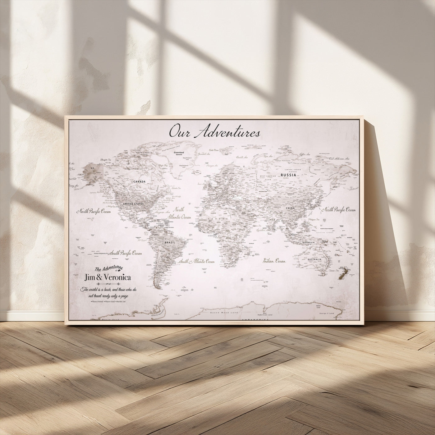 11706567-MGV-CV-36X24-Personalized World Map Wall Art – Minimalist Beige Adventure Travel Map with Custom Names, Elegant Push Pin Canvas for Couples,