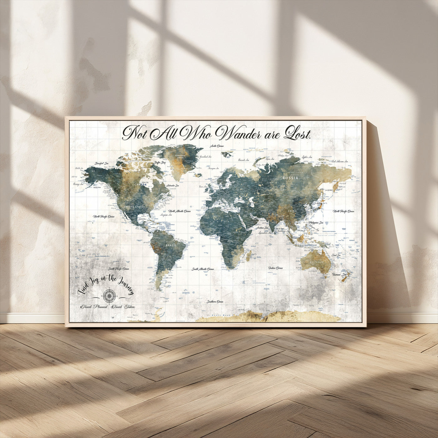 16233493-MGV-CV-36X24-Personalized World Map Wall Art – Rustic Blue Green Wanderlust Travel Map with Custom Couple Names, Vintage Wall Decor for Home
