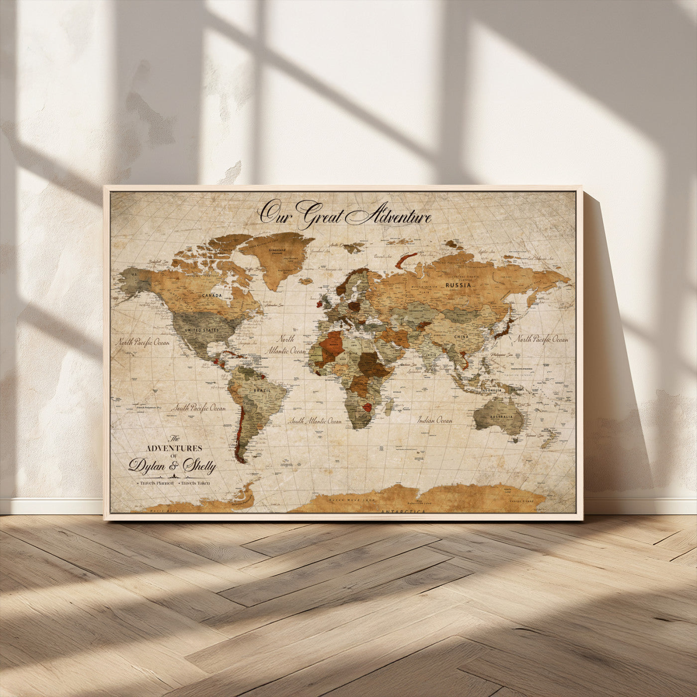 91961147-MGV-CV-36X24-Personalized World Map Wall Art – Vintage Sepia Adventure Travel Map with Custom Couple Names, Rustic Wall Decor for Home, Couples