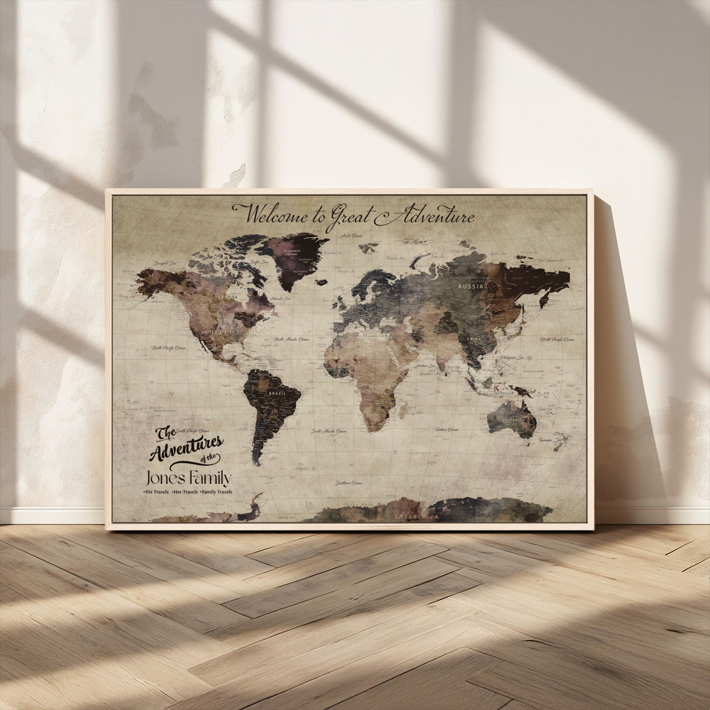 78610079-MGV-CV-36X24-Personalized World Map Wall Art – Vintage Rustic Travel Map with Custom Family Name, Adventure Wall Decor for Home, Family Gift or