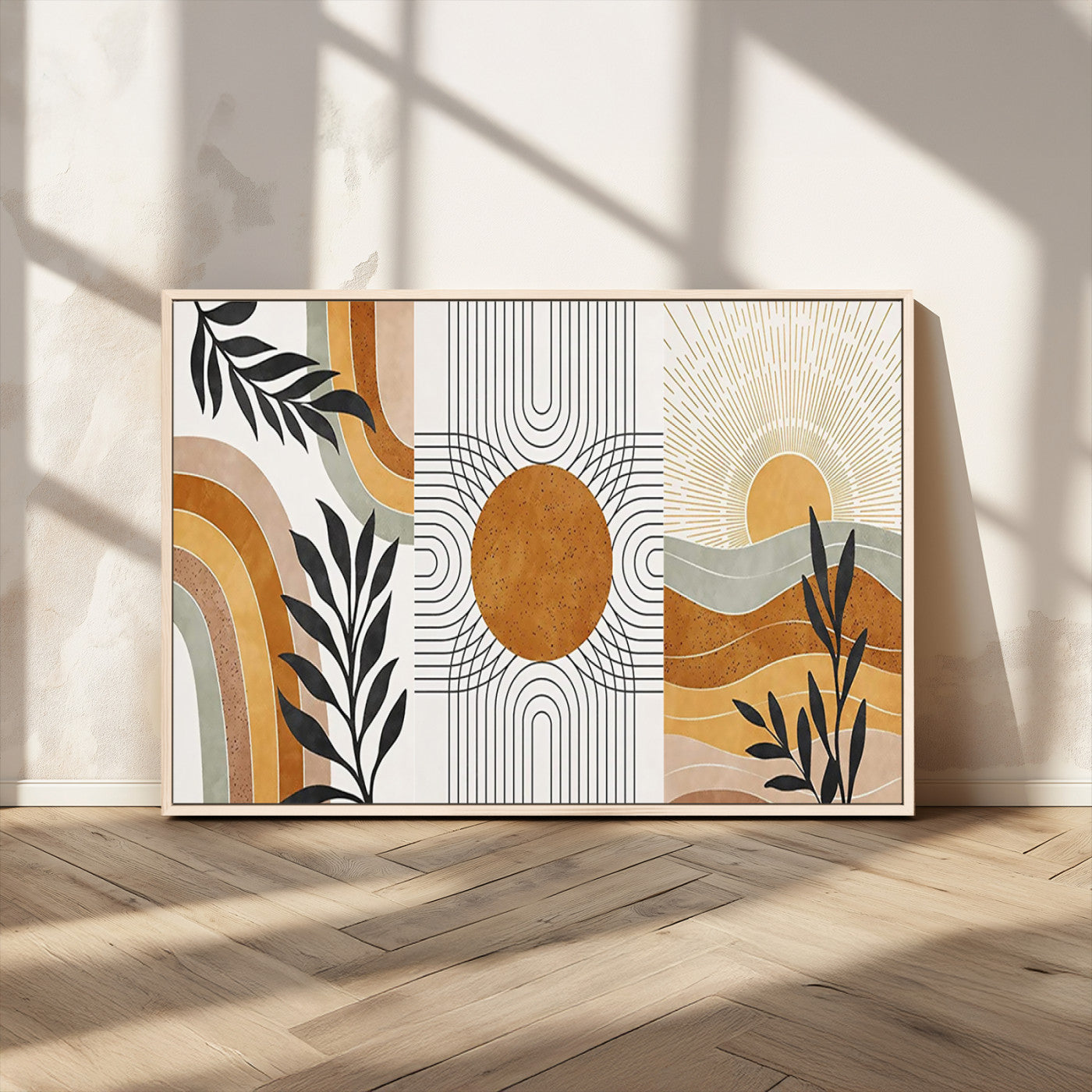 32359-MGV-CV-36X24-Modern Sun Wall Art Canvas Print, Framed Retro Horizon Art Picture Print, Sunburst Design Perfect Mid Century Boho Decor Artwork