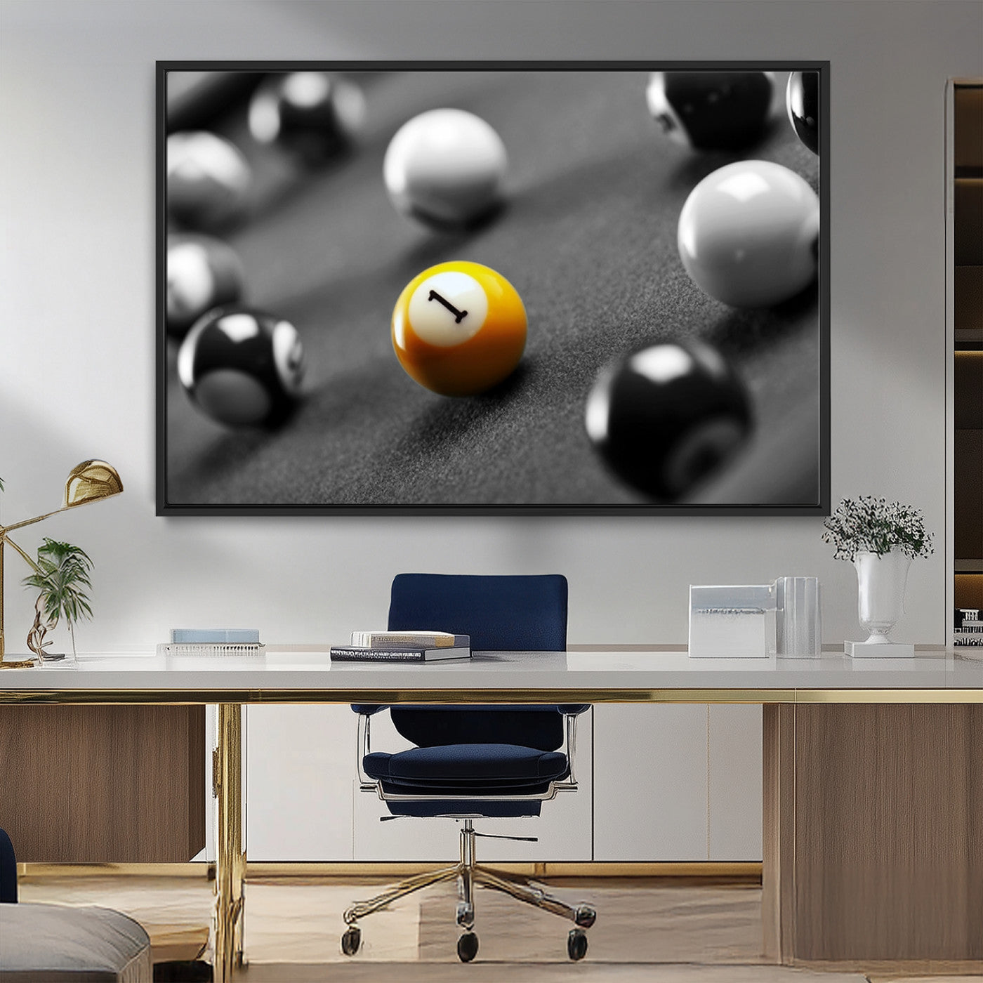 52108-MGV-FC-36X24_Black-Precision Pool Table Wall Art – Close Up Yellow 1 Ball Canvas Print, Hand-Played Billiards Game Decor for Office, Game Room, or