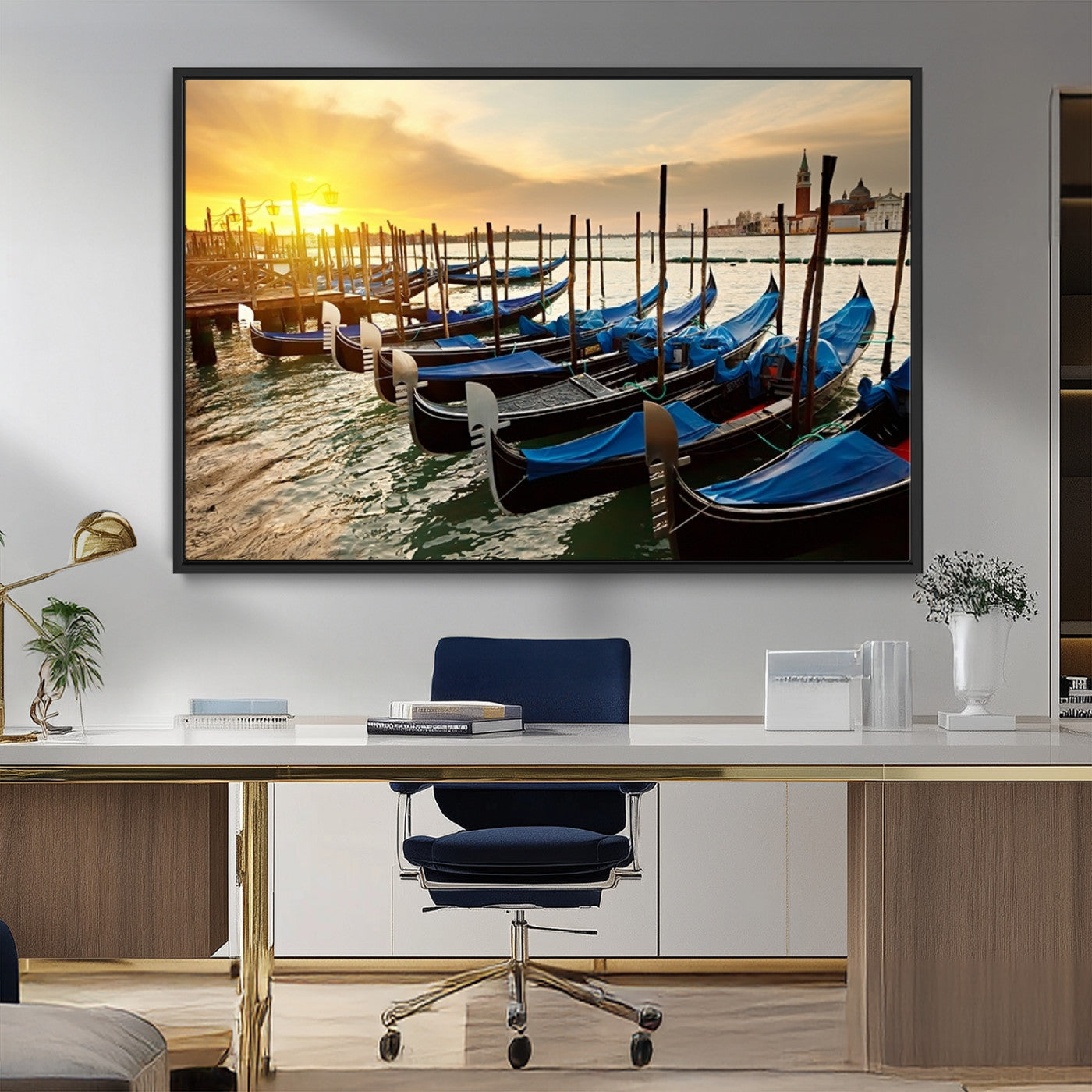25872-MGV-FC-36X24_Black-Venetian Gondola Dock Wall Art – Serene Sunset Canal Canvas Print, Tranquil Water Travel Decor for Office, Living Room, or Man