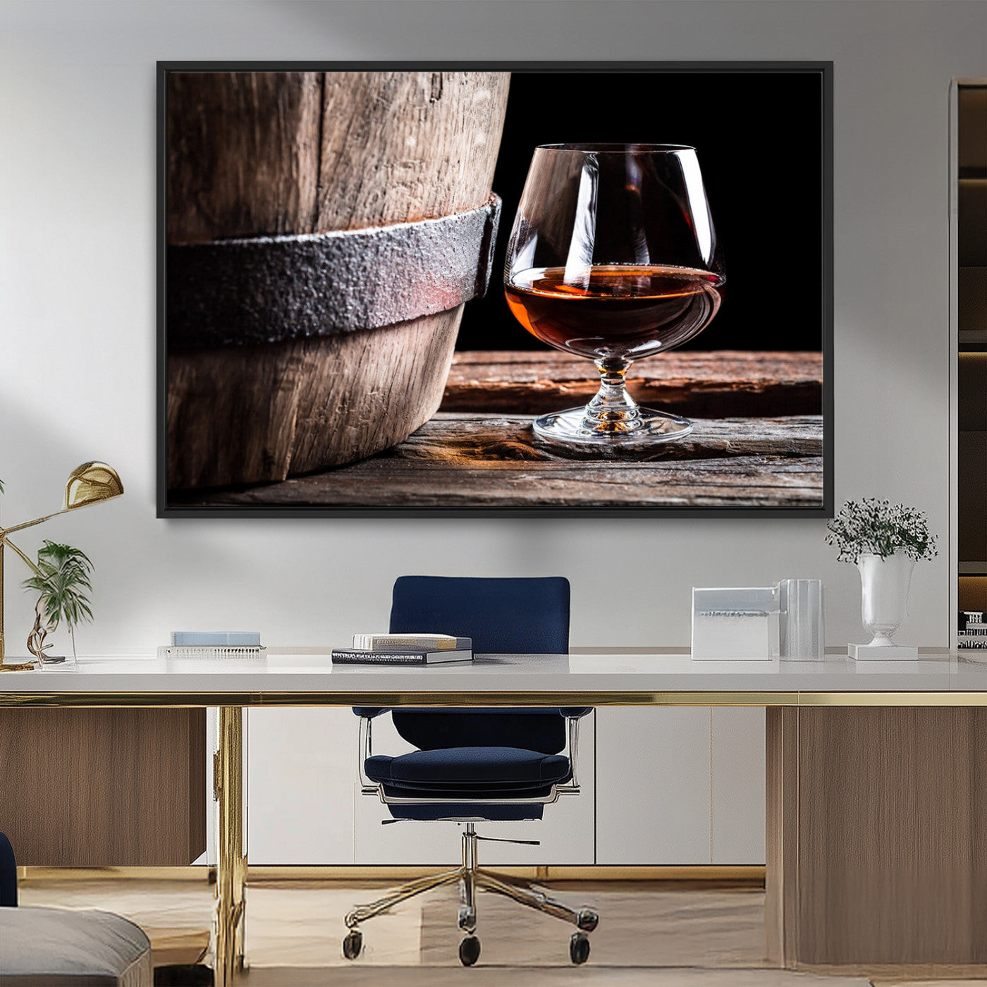 50839-MGV-CV-36X24-Barrel & Brandy Wall Art – Rustic Whiskey Barrel and Brandy Glass Canvas Print, Elegant Home Bar or Lounge Decor for Office, Man