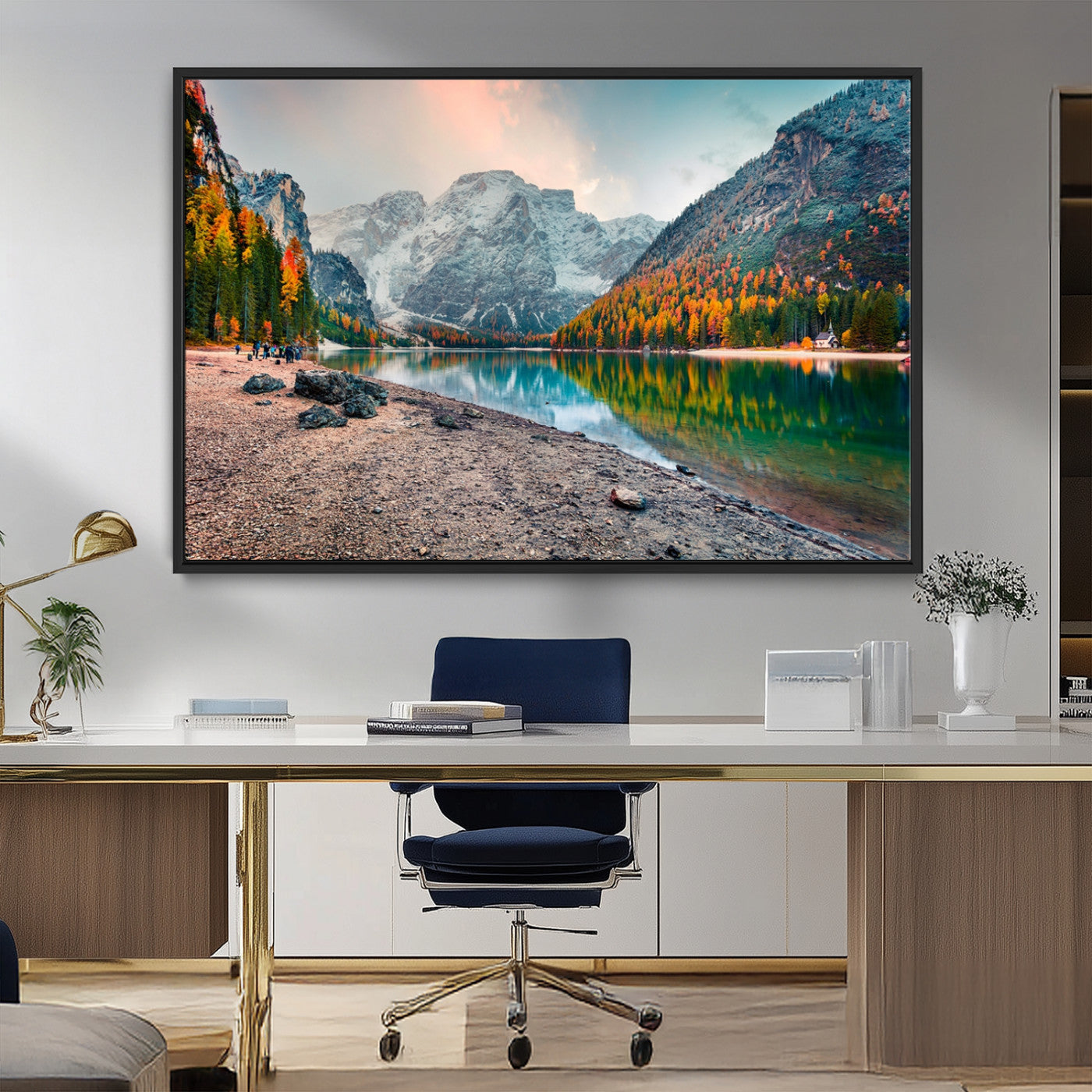 25982-MGV-CV-36X24-Autumn Mountain Lake Wall Art – Panoramic Fall Foliage and Snowy Peaks Canvas Print, Scenic Nature Decor for Living Room or Office