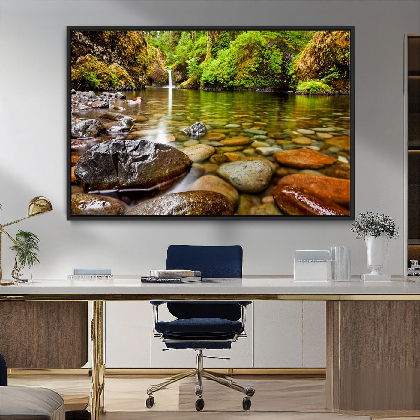 98096-MGV-FC-36X24_Black-Serene River Waterfall Nature Photo – Calm Clear Water, Vibrant Green Forest and Smooth Stones Landscape Wall Art for Home or