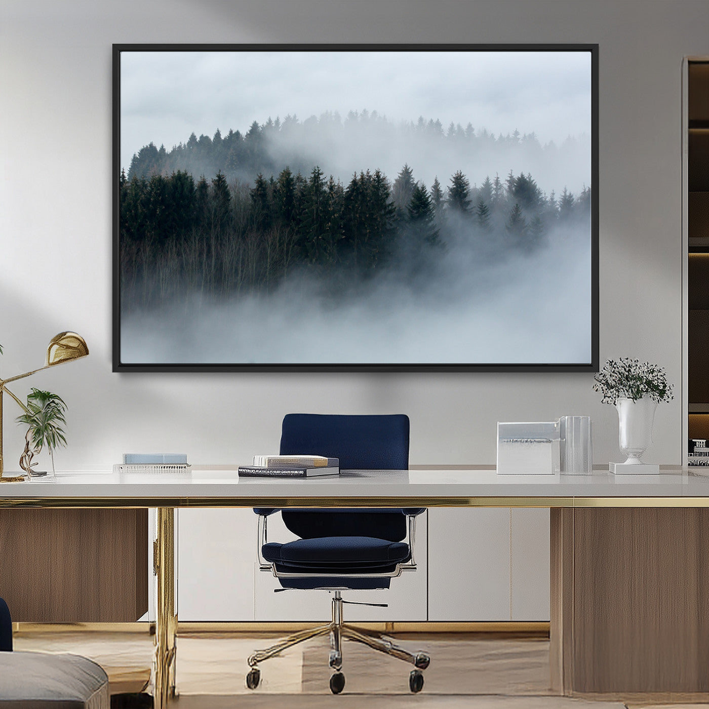 42596-MGV-FC-36X24_Black-Misty Forest Wall Art – Atmospheric Pine Trees Canvas Print, Nature Landscape Decor for Living Room, Bedroom, Office, or Cabin