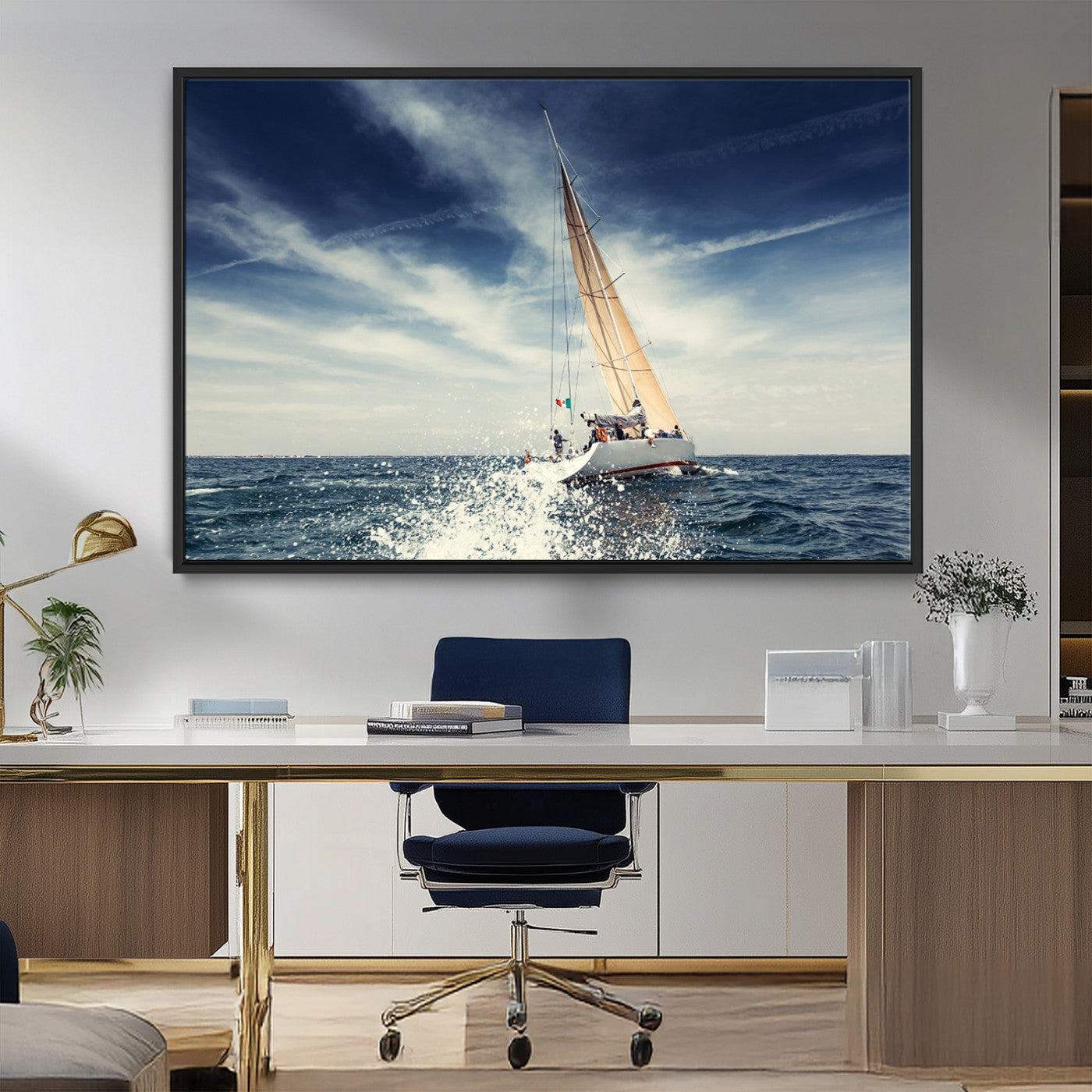75430-MGV-FC-36X24_Black-Sailing Boat Wall Art – Dynamic Ocean Yacht Canvas Print, Nautical Decor for Living Room, Office, Beach House or Cabin