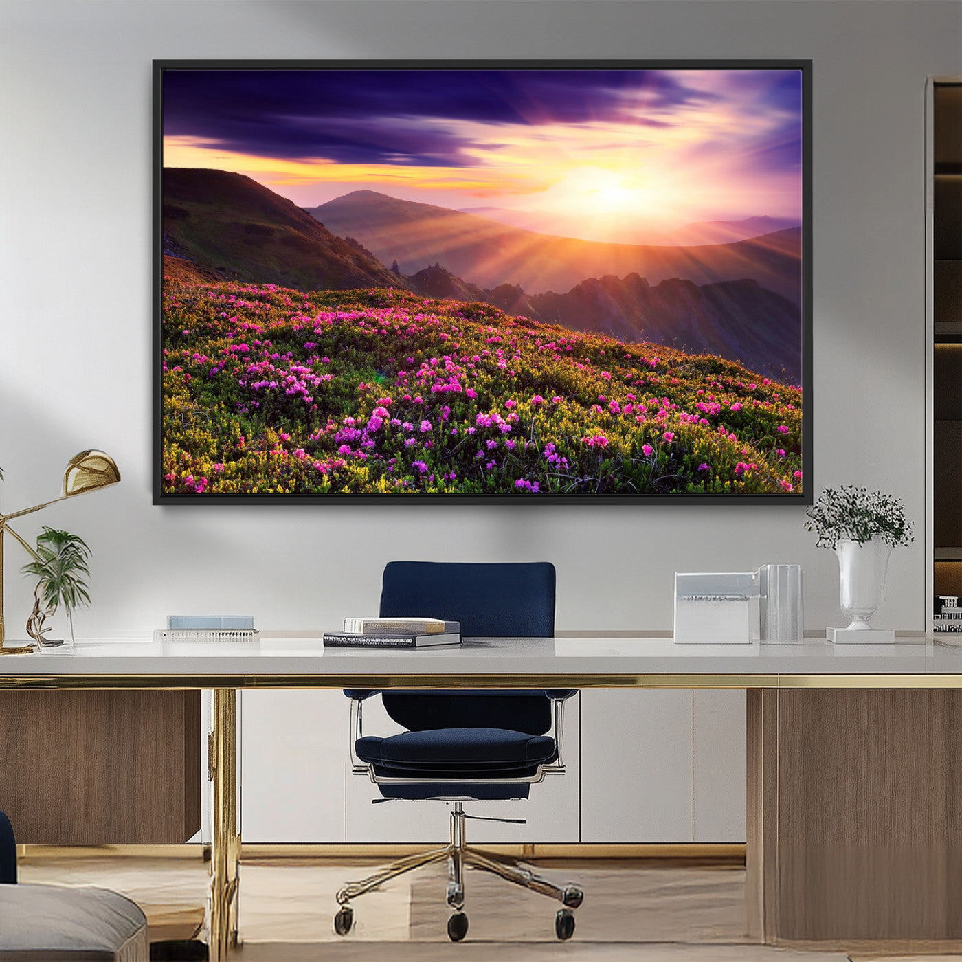 49741-MGV-FC-36X24_Black-Mountain Sunrise Wall Art – Vibrant Floral Landscape Canvas Print, Nature Home Decor for Living Room, Bedroom Office or Cabin