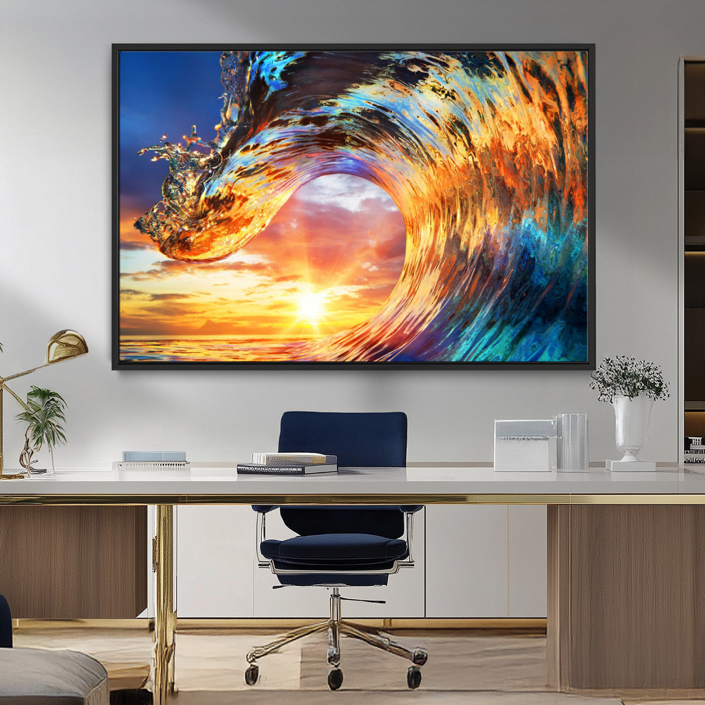 52890-MGV-CV-36X24-Surfing Wave Wall Art Canvas Print, Framed Sunset Ocean Art Picture Print, Ocean Wave Perfect Nautical Decor Artwork