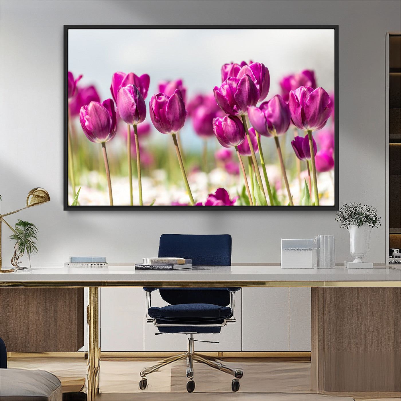 30632-MGV-FC-36X24_Black-Purple Tulip Field Wall Art – Beautiful Spring Flowers Canvas Print with Soft Focus and Bright Sky, Ideal Floral Decor for Home or