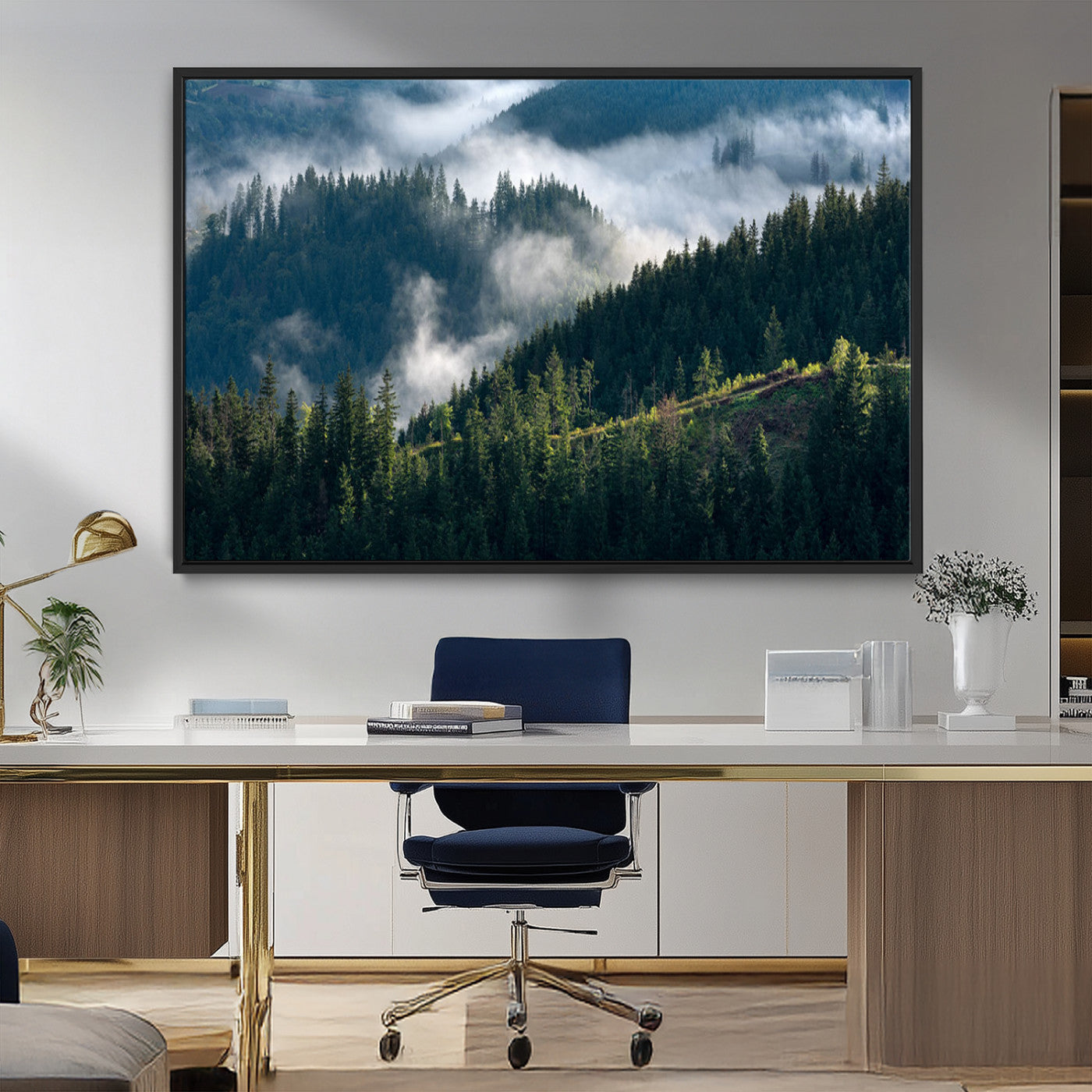 55972-MGV-FC-36X24_Black-Whispering Pines Wall Art – Panoramic Misty Forest Canvas Print, Serene Nature Decor for Home, Office or Cabin Retreat