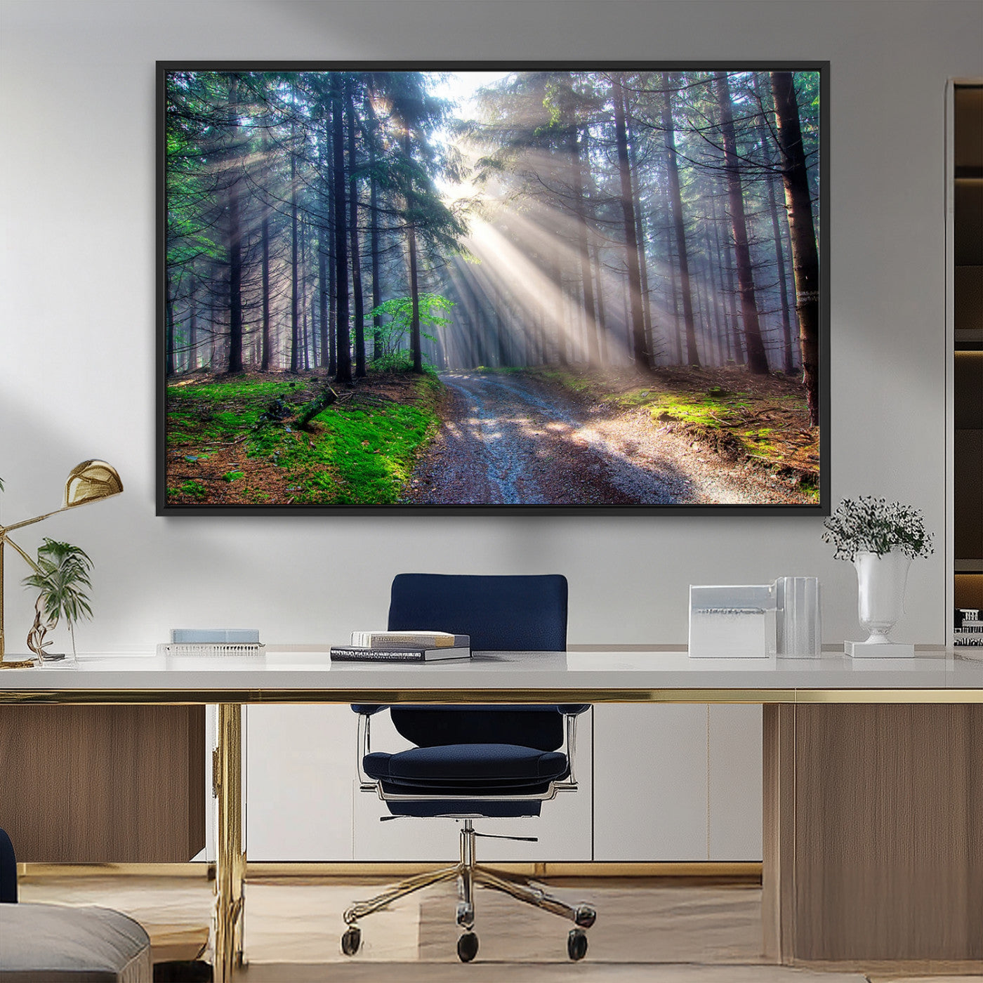 42047-MGV-FC-36X24_Black-Sunlit Forest Path Wall Art – Nature Canvas Print, Serene Woodland Landscape, Perfect Home & Office Decor for Calm and Tranquil