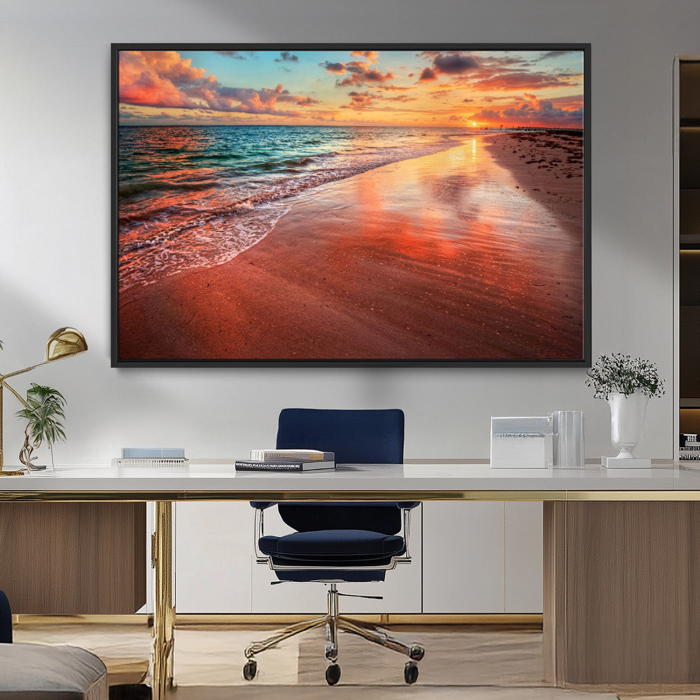 77723-MGV-CV-36X24-Sunset Beach Wall Art – Vibrant Ocean Waves and Golden Horizon Canvas Print, Coastal Seascape Photography Home Decor