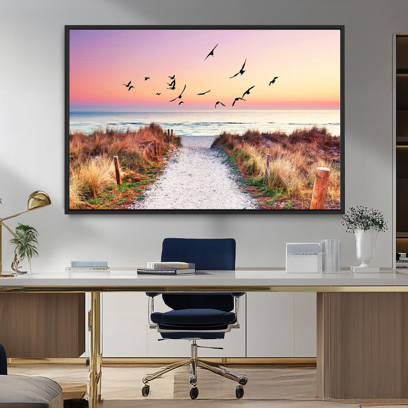 54411-MGV-CV-36X24-Beach Path with Birds Wall Art – Coastal Sunset Ocean Canvas Print, Seaside Nature Landscape Photography for Living Room, Bedroom