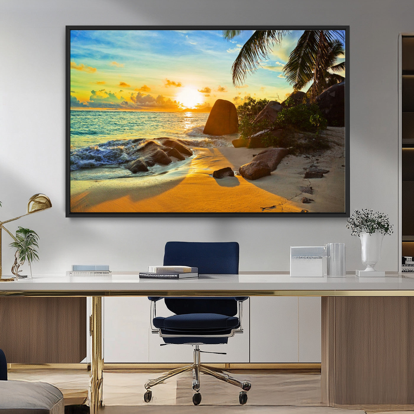 26181-MGV-CV-36X24-Golden Tropical Sunset Beach Wall Art – Ocean Canvas Print with Palm Trees and Rocks, Coastal Paradise Decor for Living Room or