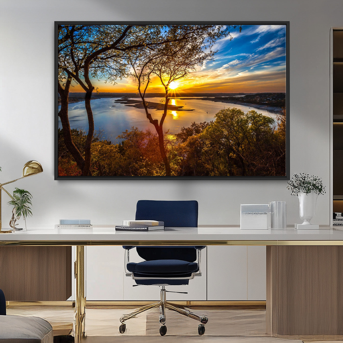 71863-MGV-CV-36X24-Lake Sunset Wall Art – Scenic Nature Canvas Print with Trees and Golden Sky, Serene Landscape Decor for Living Room, Bedroom or