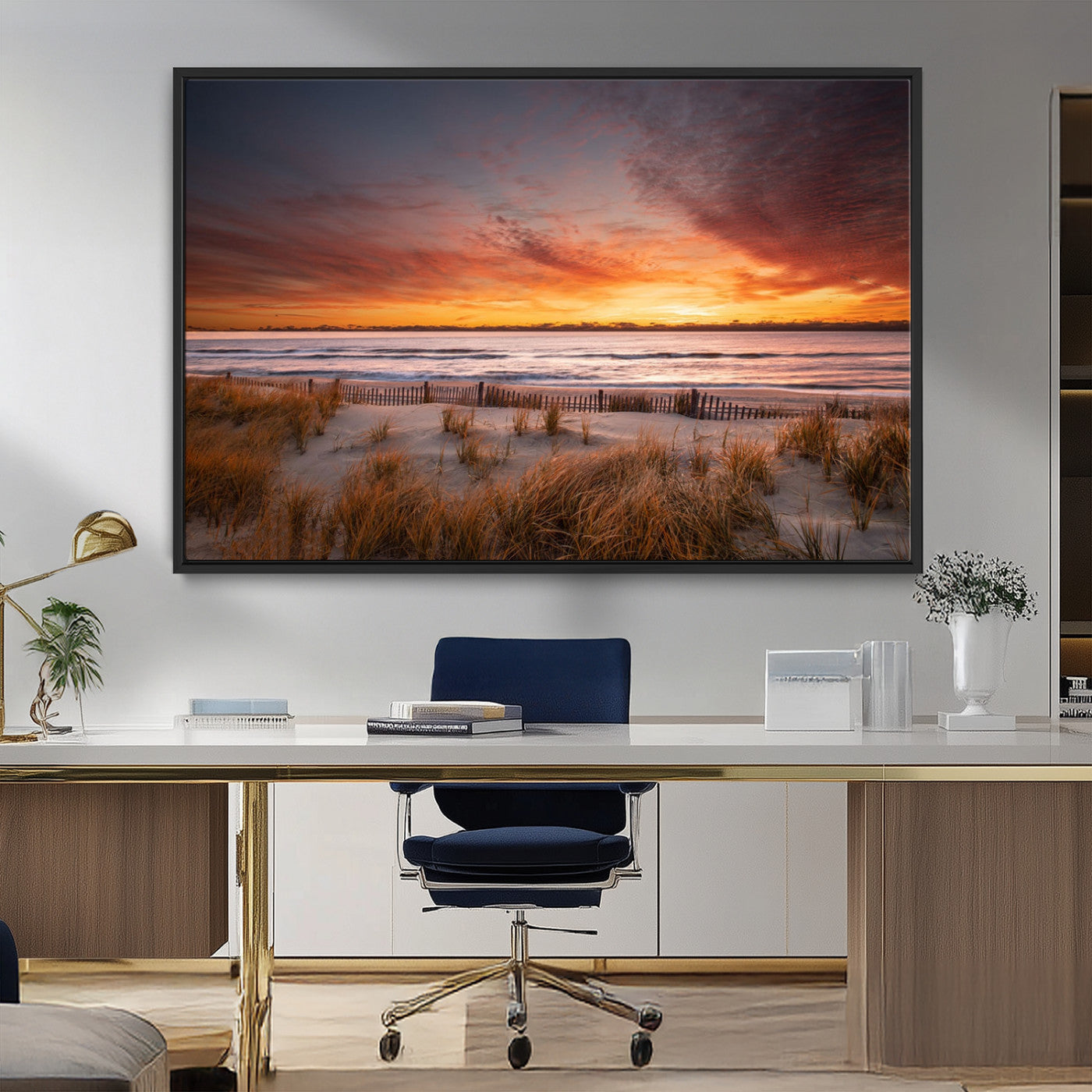 90176-MGV-CV-36X24-Beach Sunset Wall Art – Coastal Sand Dune Canvas Print with Ocean Waves and Dramatic Sky, Seaside Landscape Decor for Living Room