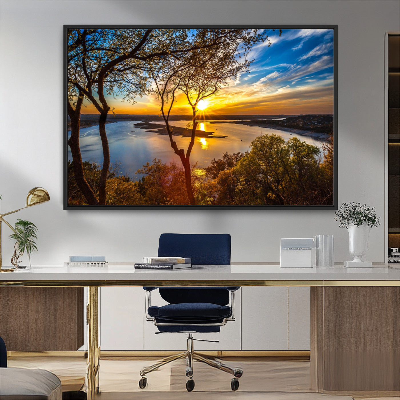 66839-MGV-CV-36X24-Lake Sunset Wall Art – Golden Hour Canvas Print with Trees and Water Reflection, Scenic Landscape Photography for Living Room,