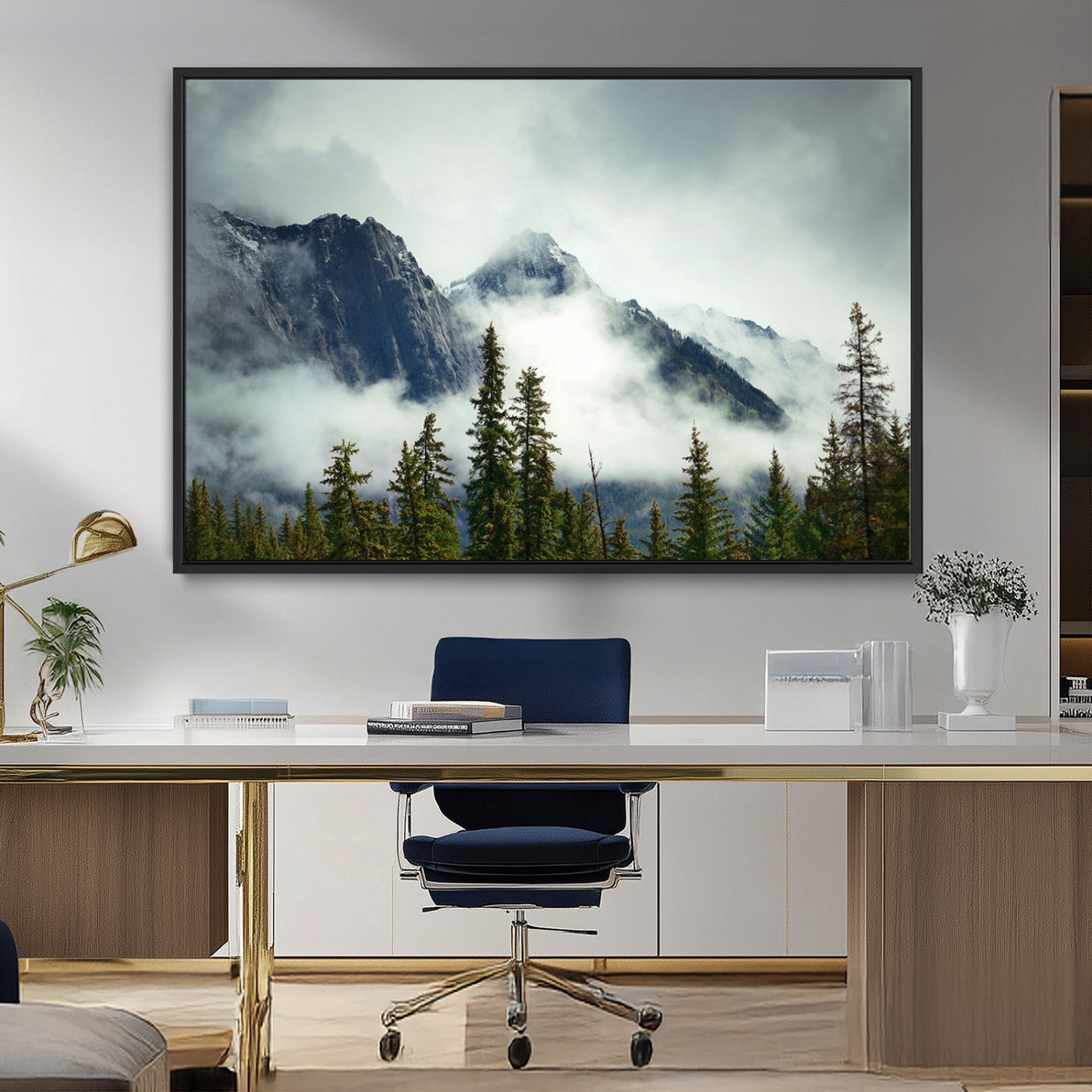 93219-MGV-FC-36X24_Black-Misty Mountain Wall Art – Foggy Pines and Rocky Peaks Canvas Print, Nature Landscape Decor for Living Room, Office or Bedroom