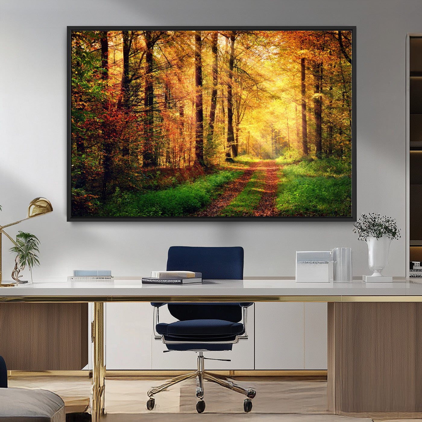 73494-MGV-CV-36X24-Golden Autumn Forest Path Wall Art – Sunlit Woodland Canvas Print, Fall Nature Landscape Home Decoration