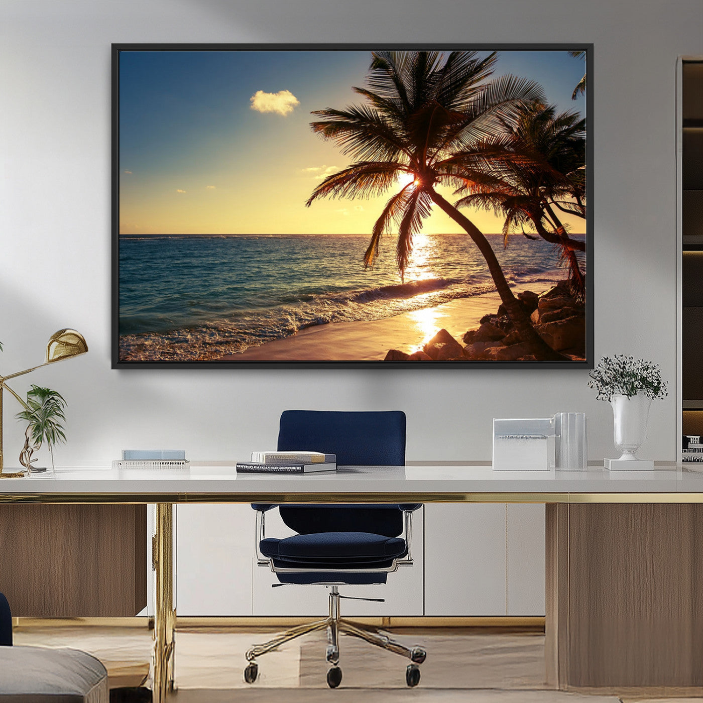 82710-MGV-CV-36X24-Palm Tree Sunset Beach Wall Art – Tropical Ocean Canvas Print, Coastal Paradise Seascape Decor for Living Room or Office Wall