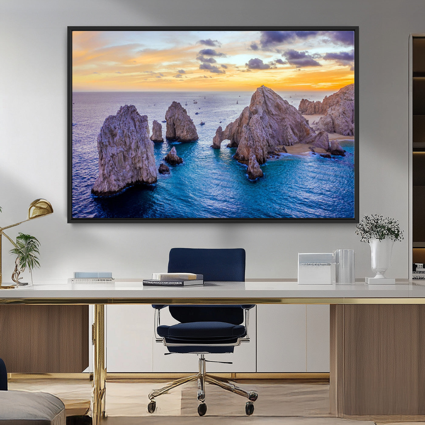 72955-MGV-CV-36X24-Ocean Rock Formation Wall Art – Sunset Coastal Seascape Print, Beach Landscape Decor for Living Room or Office