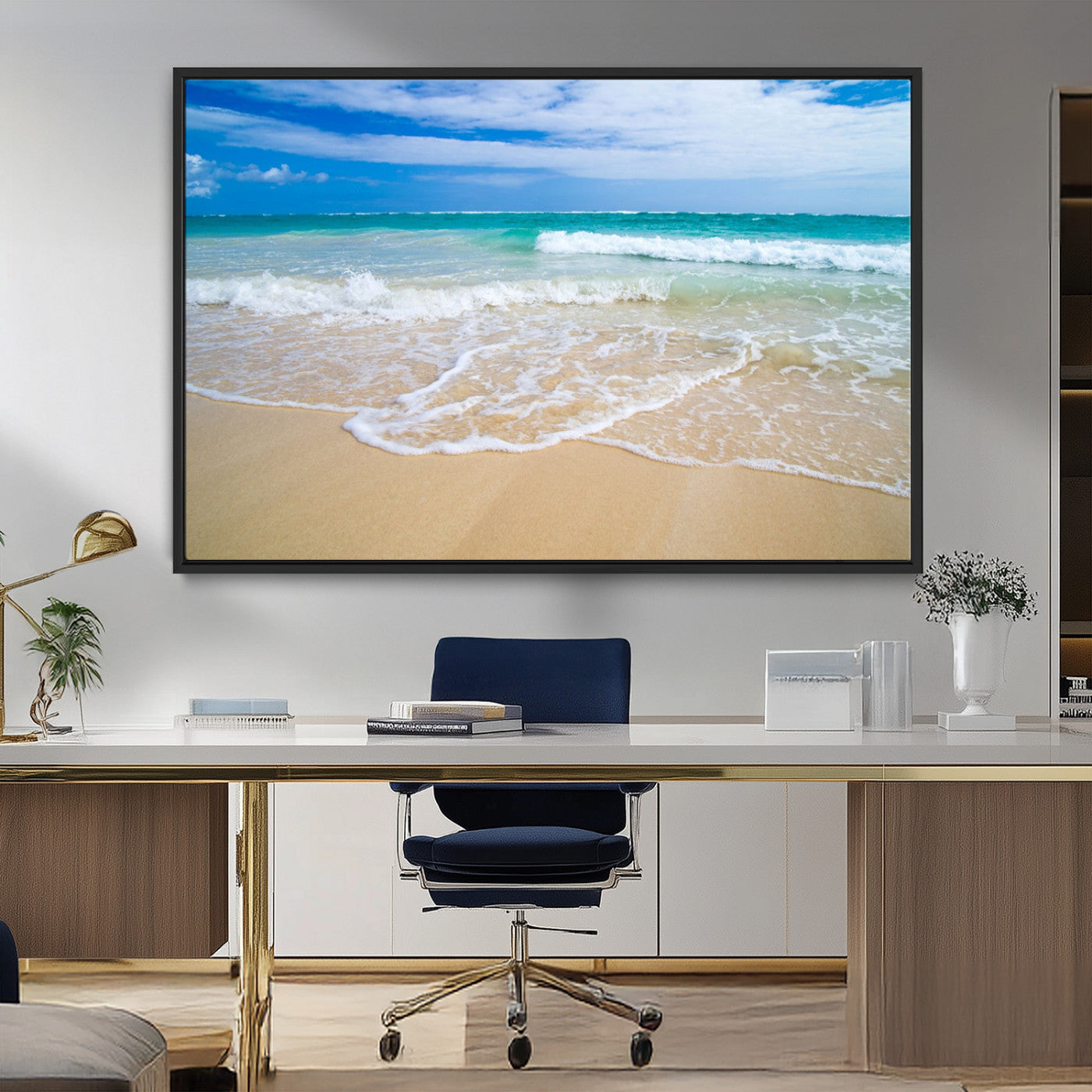 20660-MGV-CV-36X24-Ocean Wave Beach Wall Art – Serene Blue Sea and Sandy Shore Canvas Print, Coastal Landscape Photography Decor for Living Room or