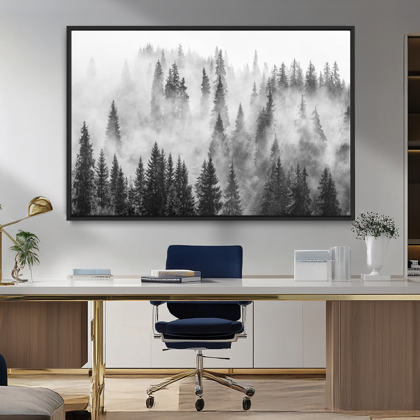 10422-MGV-CV-36X24-Misty Pine Forest Wall Art – Black and White Foggy Landscape Canvas Print, Serene Nature Woodland Decor for Bedroom, Office or