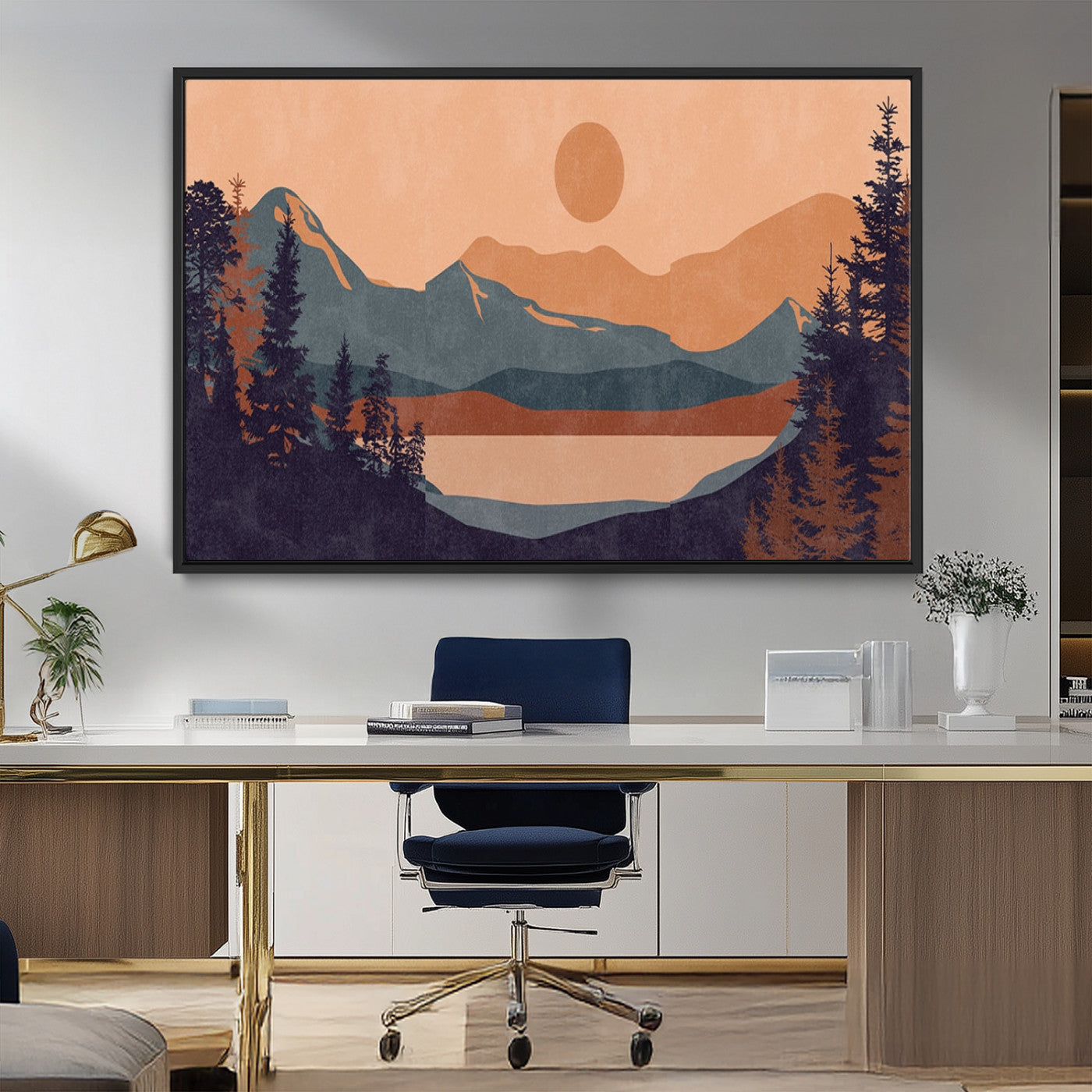 62795-MGV-FC-36X24_Black-Minimalist Mountain Landscape Wall Art – Abstract Sunset Over Peaks and Pine Trees Canvas Print, Modern Nature Decor for Living