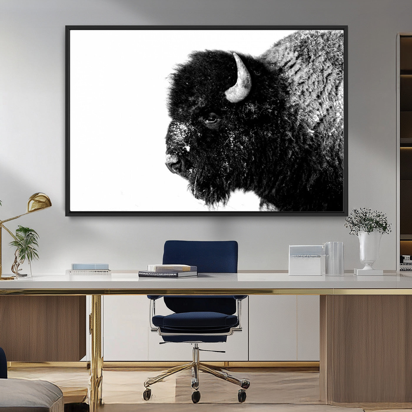 68780-MGV-CV-36X24-Bison Close-Up Wall Art – Black and White Buffalo Canvas Print, Rustic Wildlife Photography Decor for Living Room, Office, or