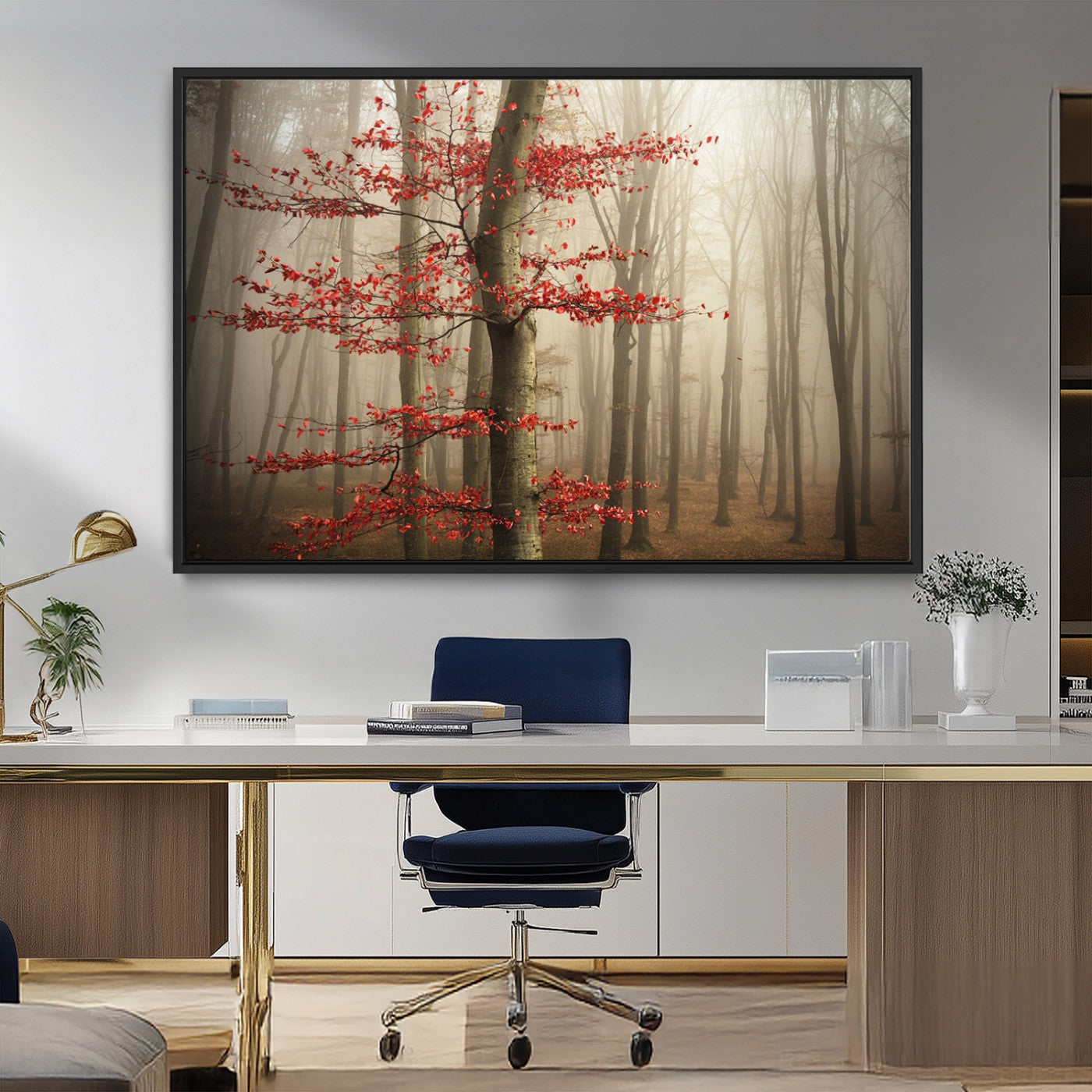 61855-MGV-CV-36X24-Misty Forest Wall Art – Red Tree with Autumn Leaves Canvas Print, Moody Woodland Nature Decor for Living Room, Bedroom, or Office
