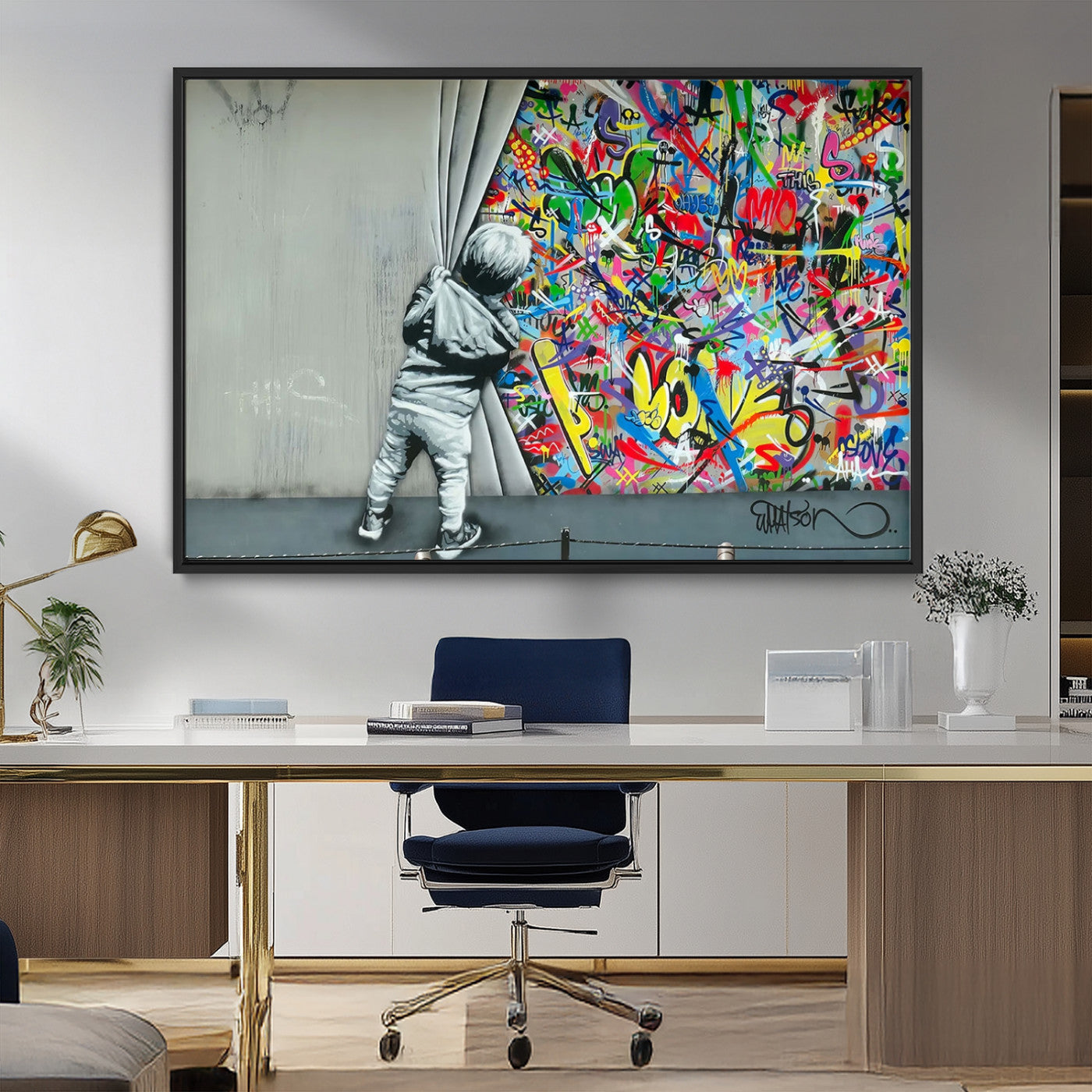 51713-MGV-CV-36X24-Colorful Graffiti Street Art Wall Mural – Child Pulling Curtain Canvas Print, Urban Pop Art, Modern Abstract Wall Decor for Living