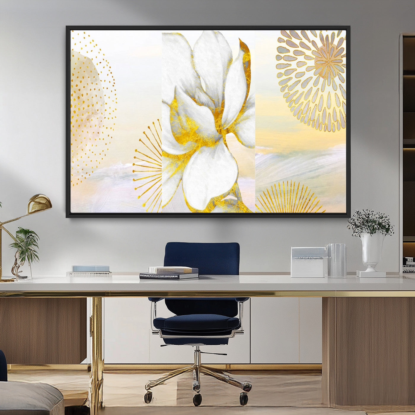 82301-MGV-CV-36X24-Modern Floral Wall Art – White Flower with Gold Detailing Canvas Print, Elegant Abstract Artwork for Living Room, Bedroom, or