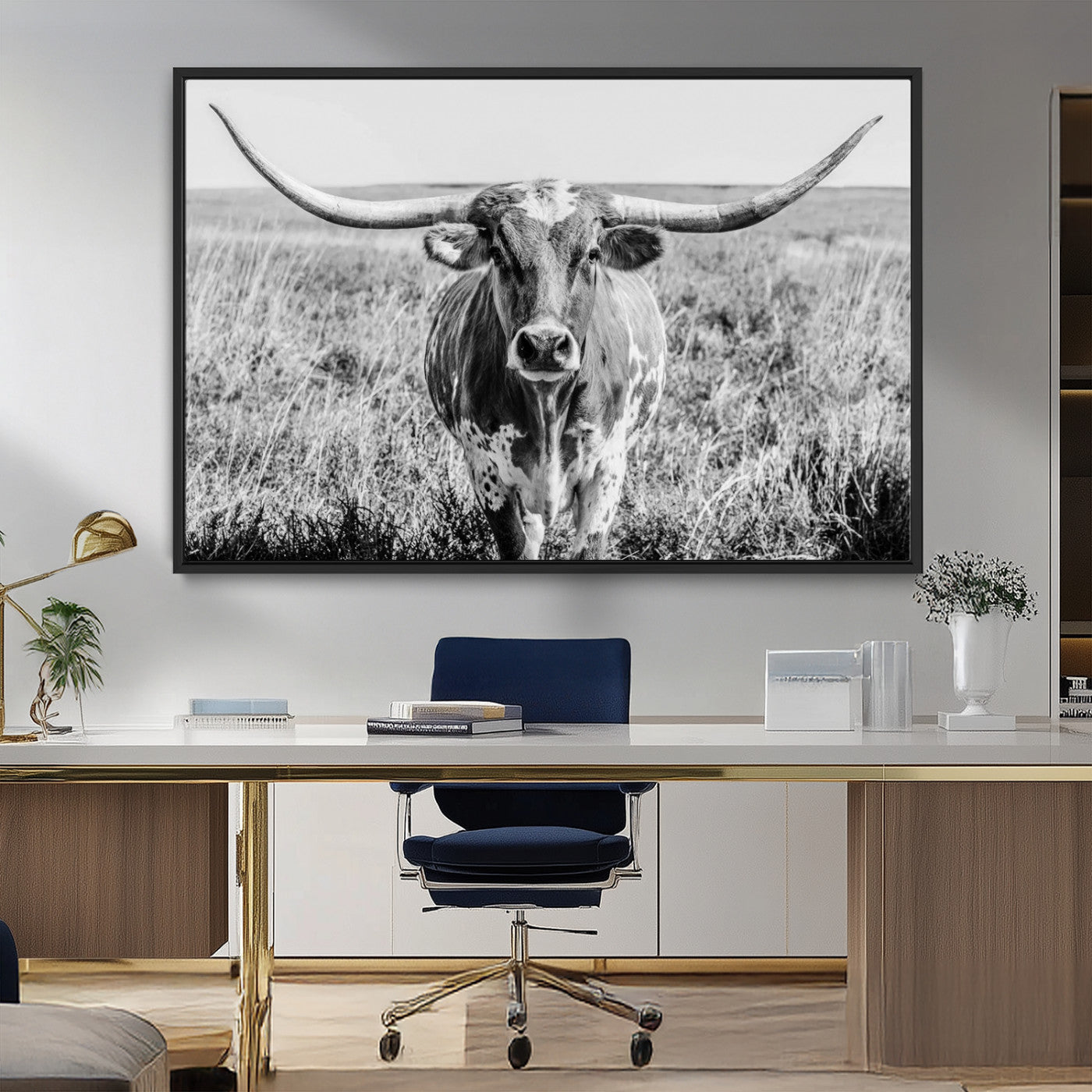 77320-MGV-CV-36X24-Texas Longhorn Wall Art – Black and White Western Cattle Canvas Print, Rustic Farmhouse Animal Photography Decor for Living Room,