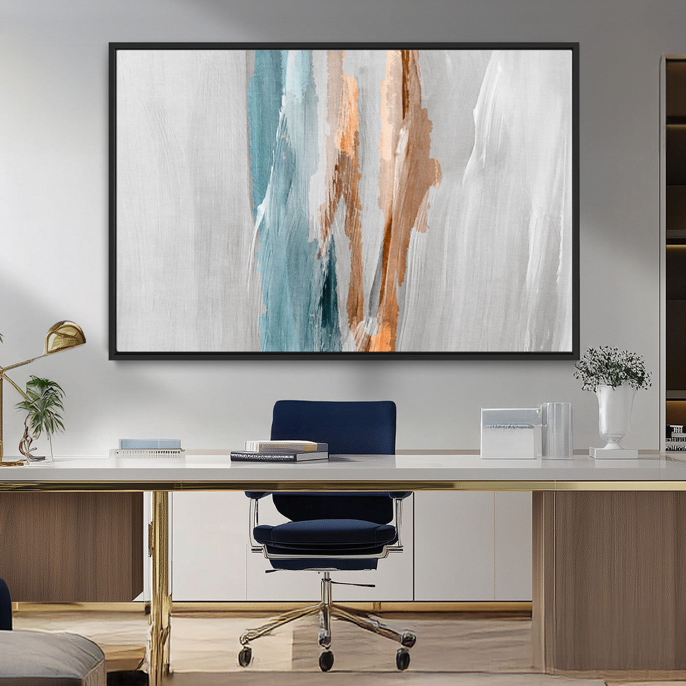 66154-MGV-CV-36X24-Abstract Brushstroke Wall Art – Modern Teal and Gold Canvas Print, Minimalist Contemporary Painting for Living Room, Bedroom, or