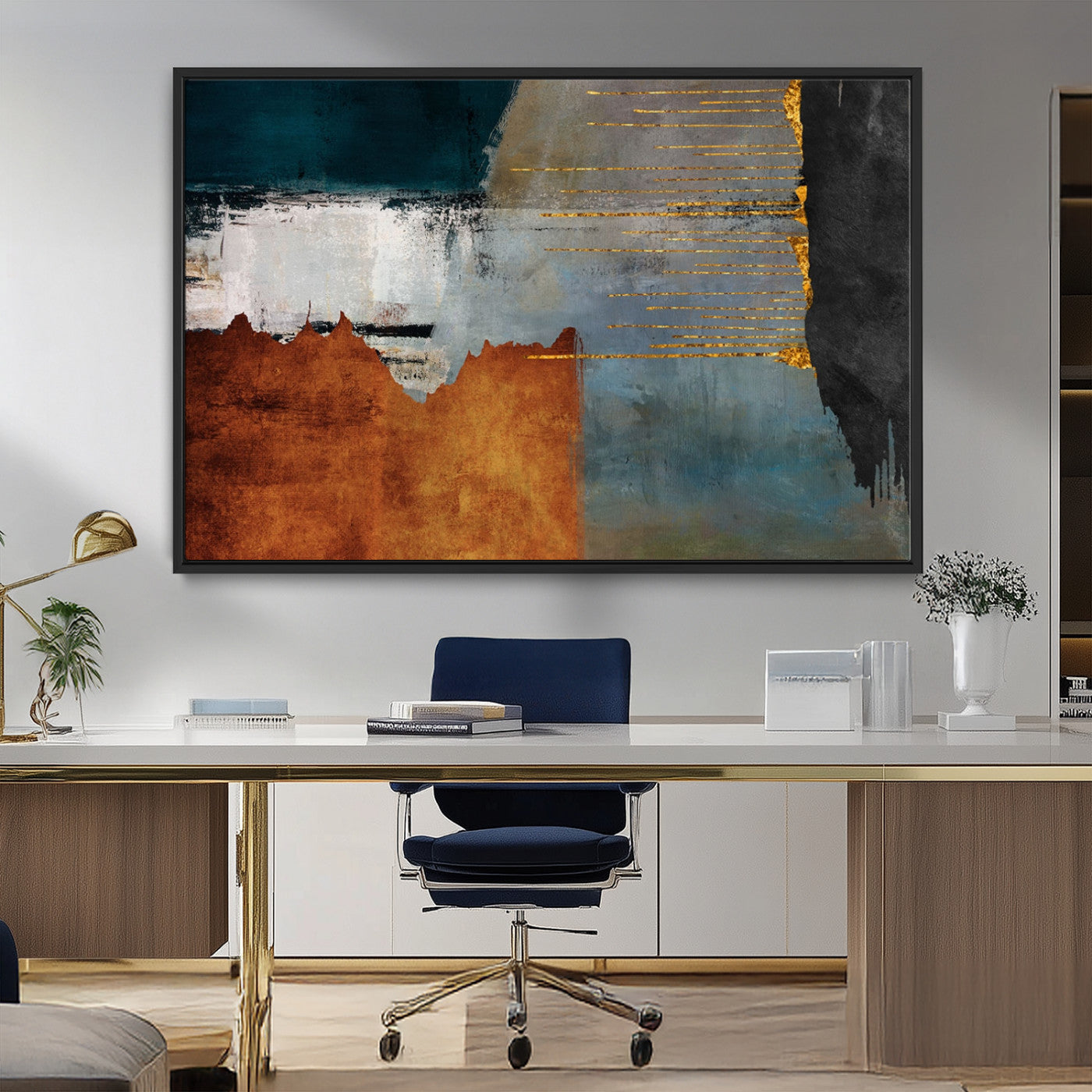 35026-MGV-CV-36X24-Abstract Canvas Wall Art – Modern Teal, Rust, Black and Gold Textured Painting, Contemporary Decor for Living Room, Bedroom