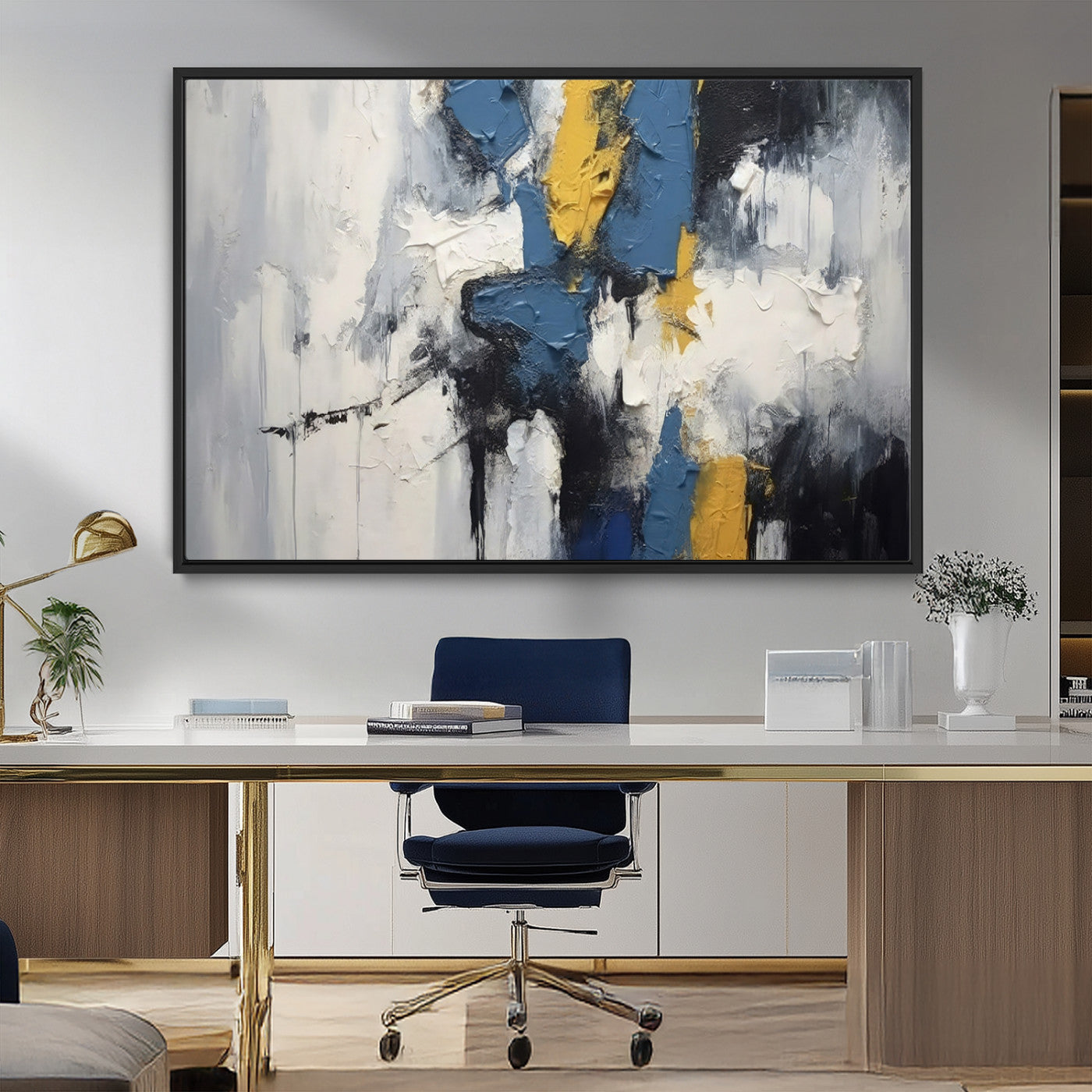 63850-MGV-FC-36X24_Black-Abstract Blue and Yellow Wall Art – Modern Textured Canvas Painting, Bold Contemporary Artwork for Living Room, Bedroom or Office