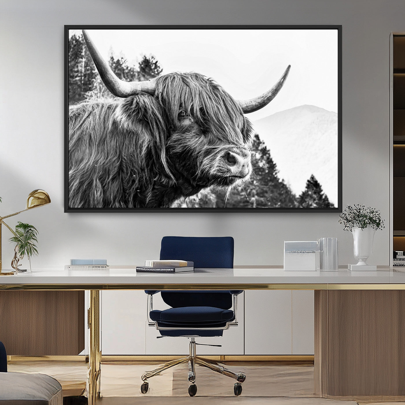 61570-MGV-FC-36X24_Black-Highland Cow Wall Art – Black and White Scottish Bull Canvas Print, Rustic Farmhouse Animal Decor for Living Room, Bedroom, or
