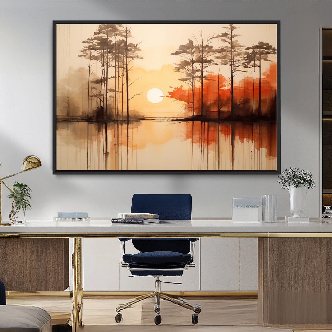 51083-MGV-FC-36X24_Black-Sunset Lake Forest Wall Art – Serene Trees and Orange Sky Reflection Canvas Print, Tranquil Nature Decor for Living Room, Office