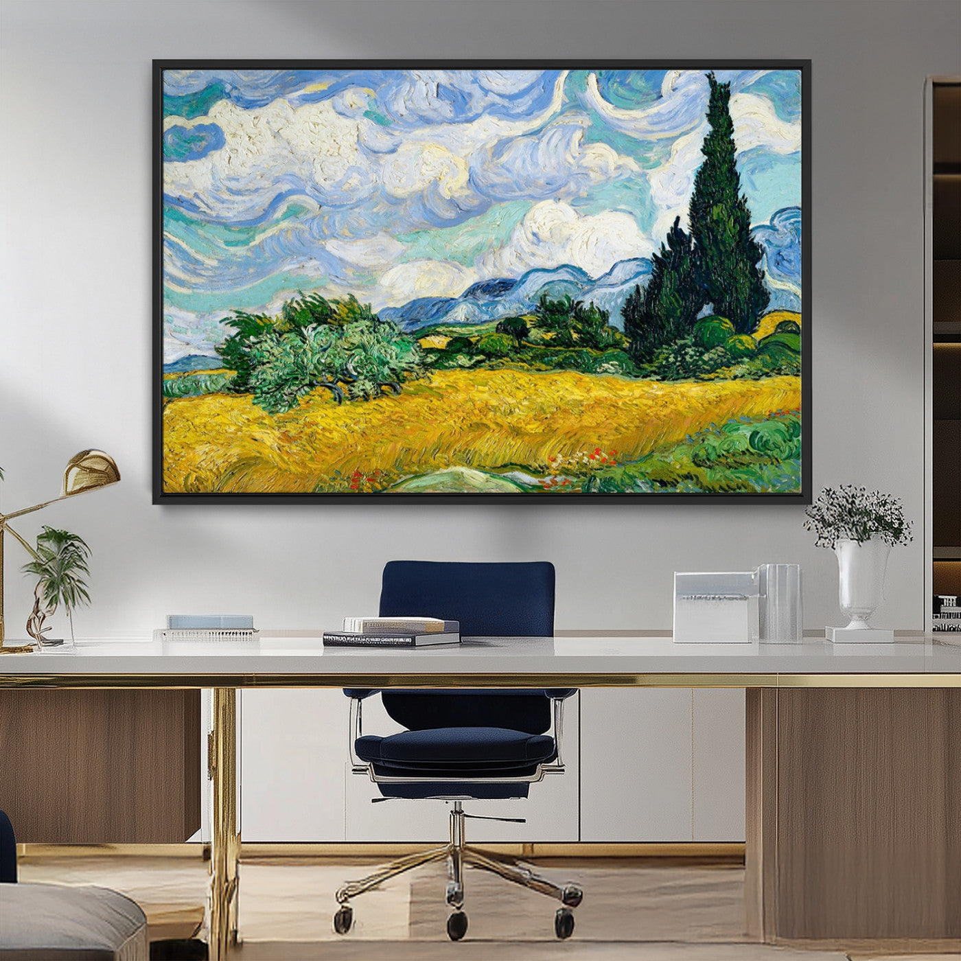 97252-MGV-FC-36X24_Black-Wheat Field with Cypress – Van Gogh Wall Art, Impressionist Landscape Canvas Print, Rustic Home Decor for Living Room or Office